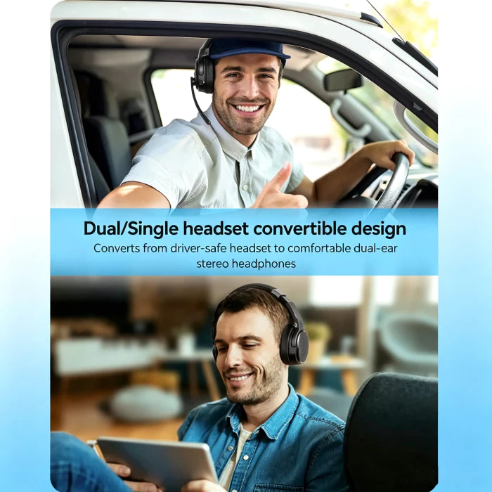 Promotional graphic for a convertible headset, showing a smiling man in a car with a driver-safe headset and another man in a home with a dual-ear wireless headset. Text in the center reads 'Dual/Single headset convertible design' and 'Converts from driver-safe headset to comfortable dual-ear stereo headsets.
