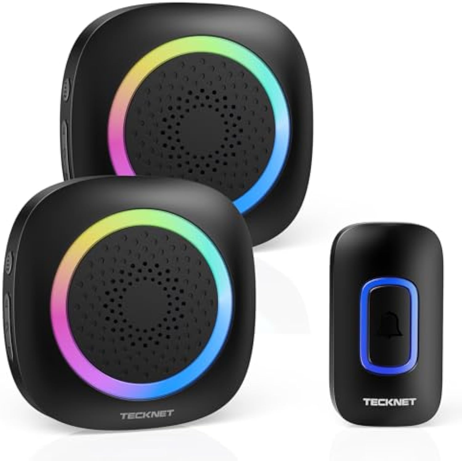 TECKNET Wireless Doorbell with 2 Portable Receivers, Battery Powered Doorbell with RGB Light, IP66 Waterproof Door Chime Kit, 1300ft Wireless Range, 0-110dB & 60 Chimes, 36-Month Long Battery Life