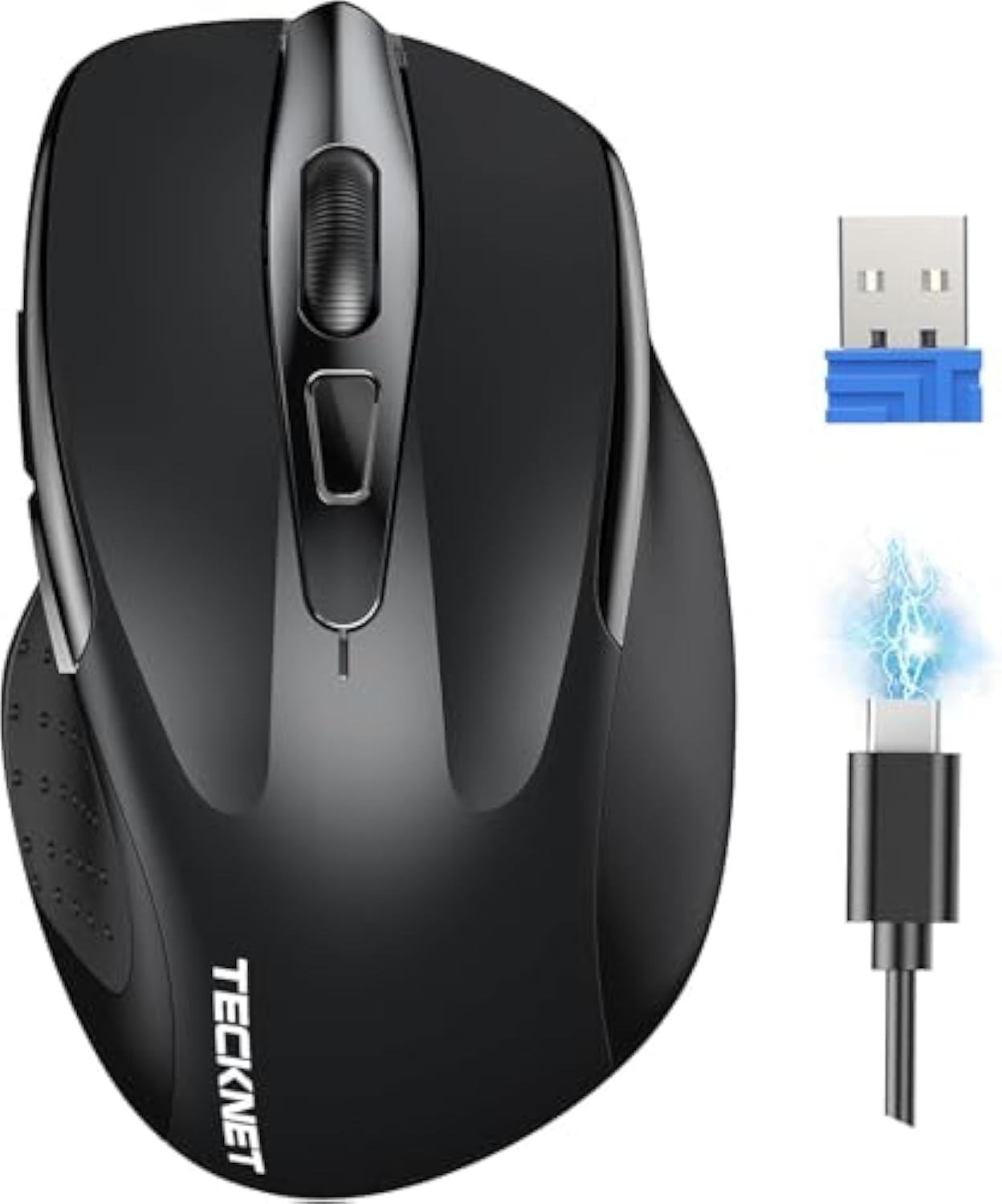 TECKNET Wireless Mouse Rechargeable, 2.4G USB-A Silent Mouse, Quiet Click, 6 Adjustable 4800 DPI, Cordless Computer Mice, Ergonomic Mice for Laptop, 6 Buttons for Chromebook, Ergo Grip