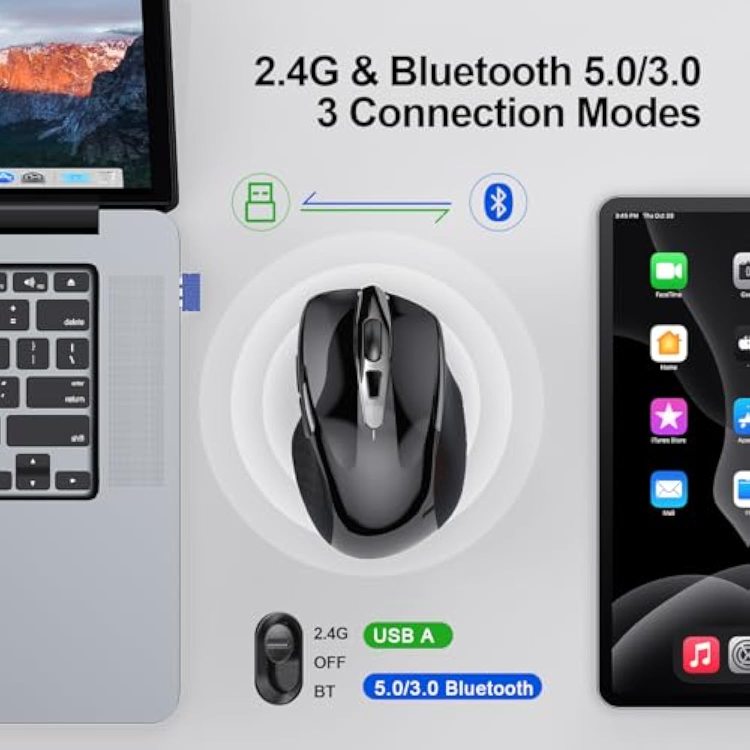 TECKNET Wireless Mouse (BT5.0/3.0 & 2.4G) Rechargeable 4800 DPI Silent USB A & Bluetooth Mouse 6 Buttons, Wide Compatibility