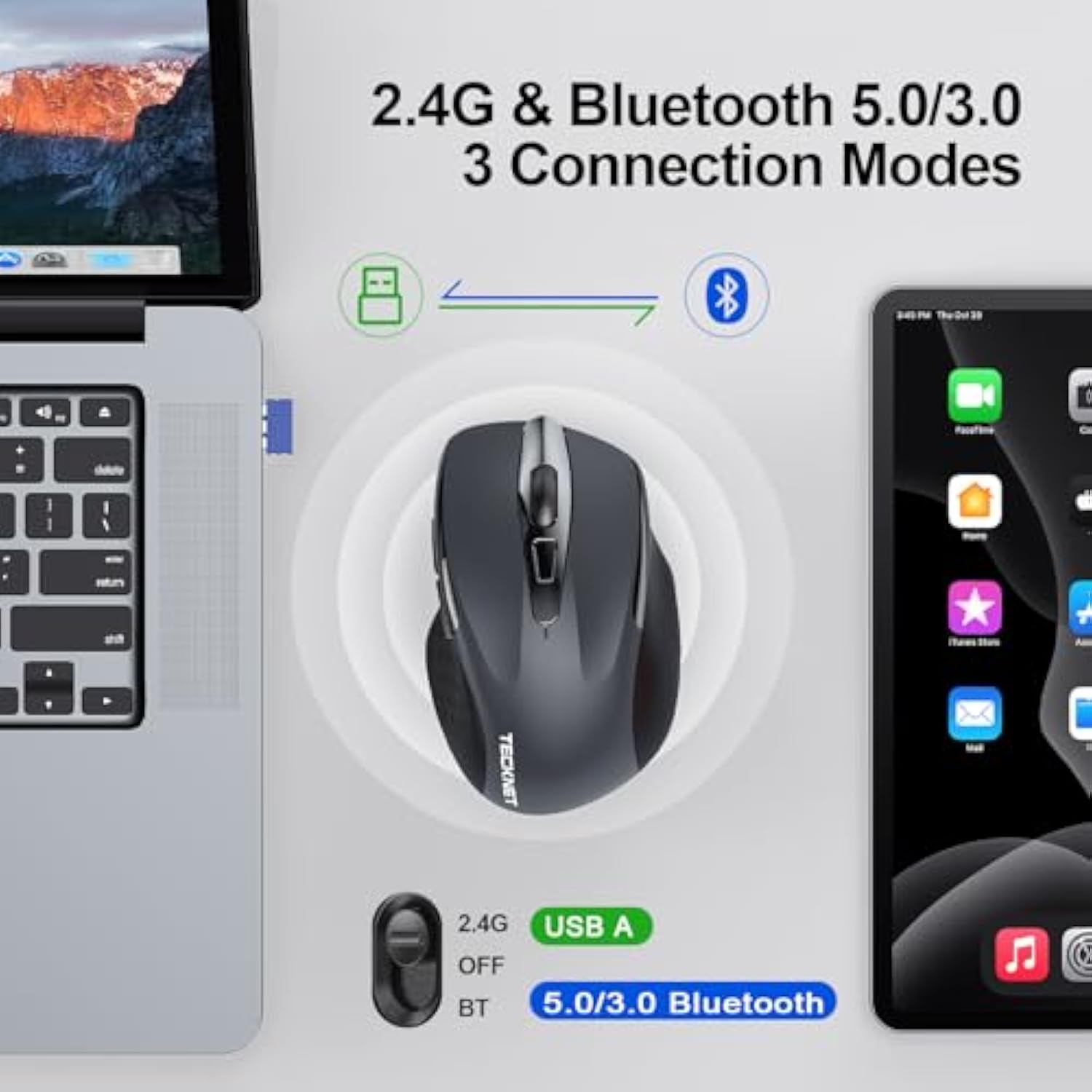 TECKNET Wireless Mouse (BT5.0/3.0 & 2.4G) Rechargeable 4800 DPI Silent USB A & Bluetooth Mouse 6 Buttons, Wide Compatibility
