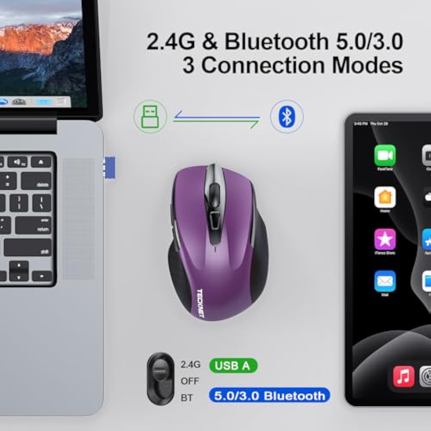 TECKNET Wireless Mouse (2.4G & BT5.0/3.0) Silent 4800 DPI Computer USB A & Bluetooth Mouse 6 Buttons, Wide Compatibility