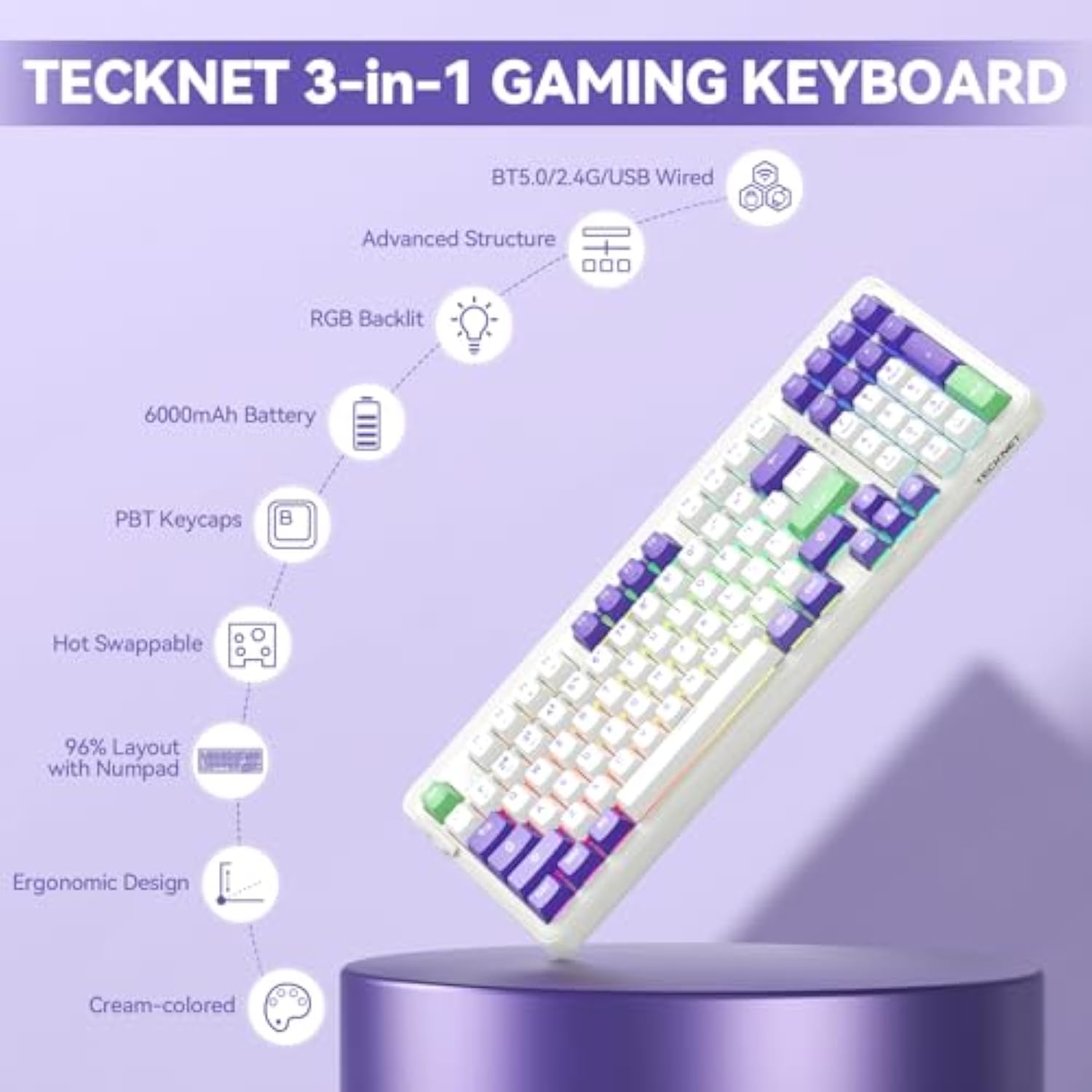 TECKNET Tri-Mode BT5.0/Wired/Wireless Mechanical Keyboard