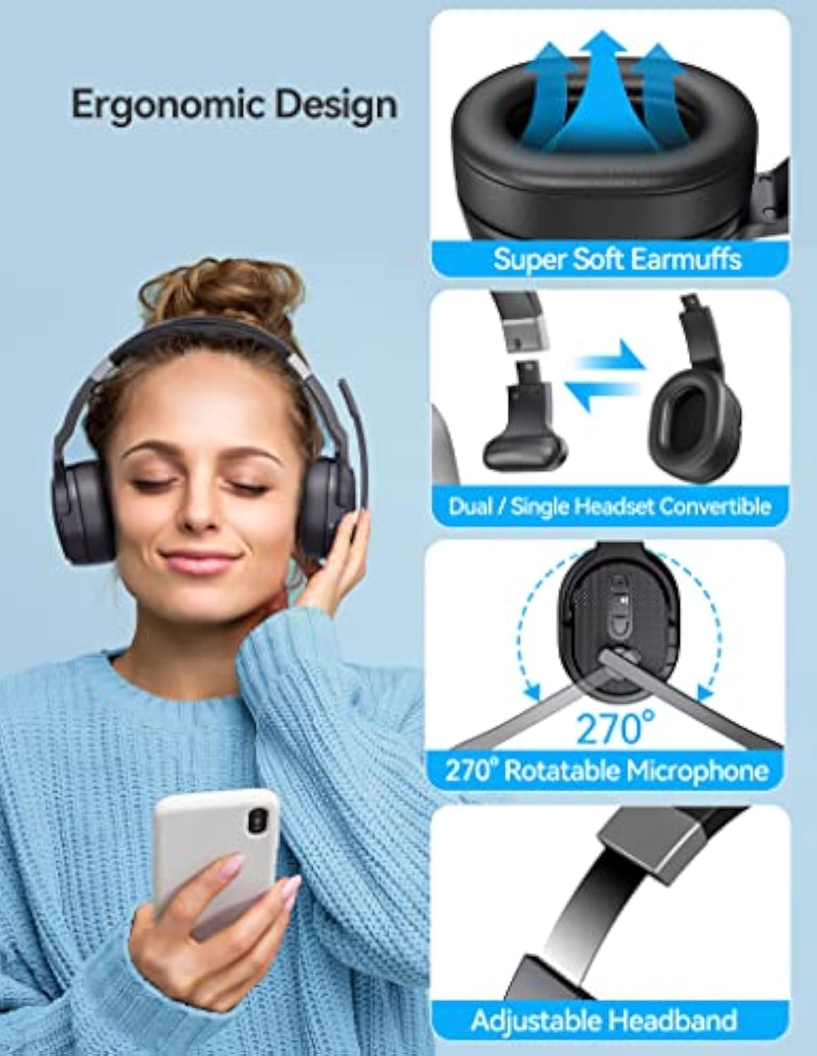 TECKNET Bluetooth Trucker Headset, Single and Dual Ear Wireless Headset with Mic for Work Noise Cancelling, 50Hrs 3 EQ Music Modes Trucker Bluetooth Headphones for PC, Drivers, Office, Call Center