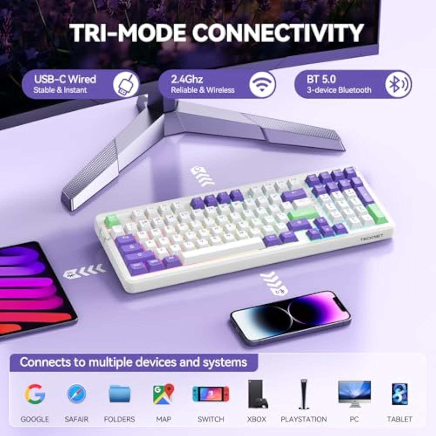 TECKNET Tri-Mode BT5.0/Wired/Wireless Mechanical Keyboard