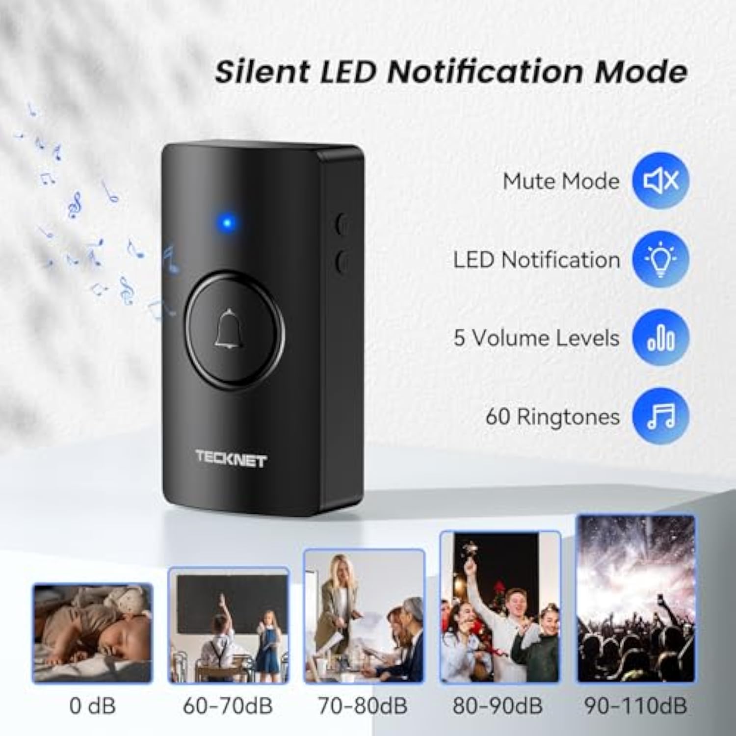 TECKNET Wireless Doorbell, Battery-Powered Door Bell Ringer with 1400ft Range