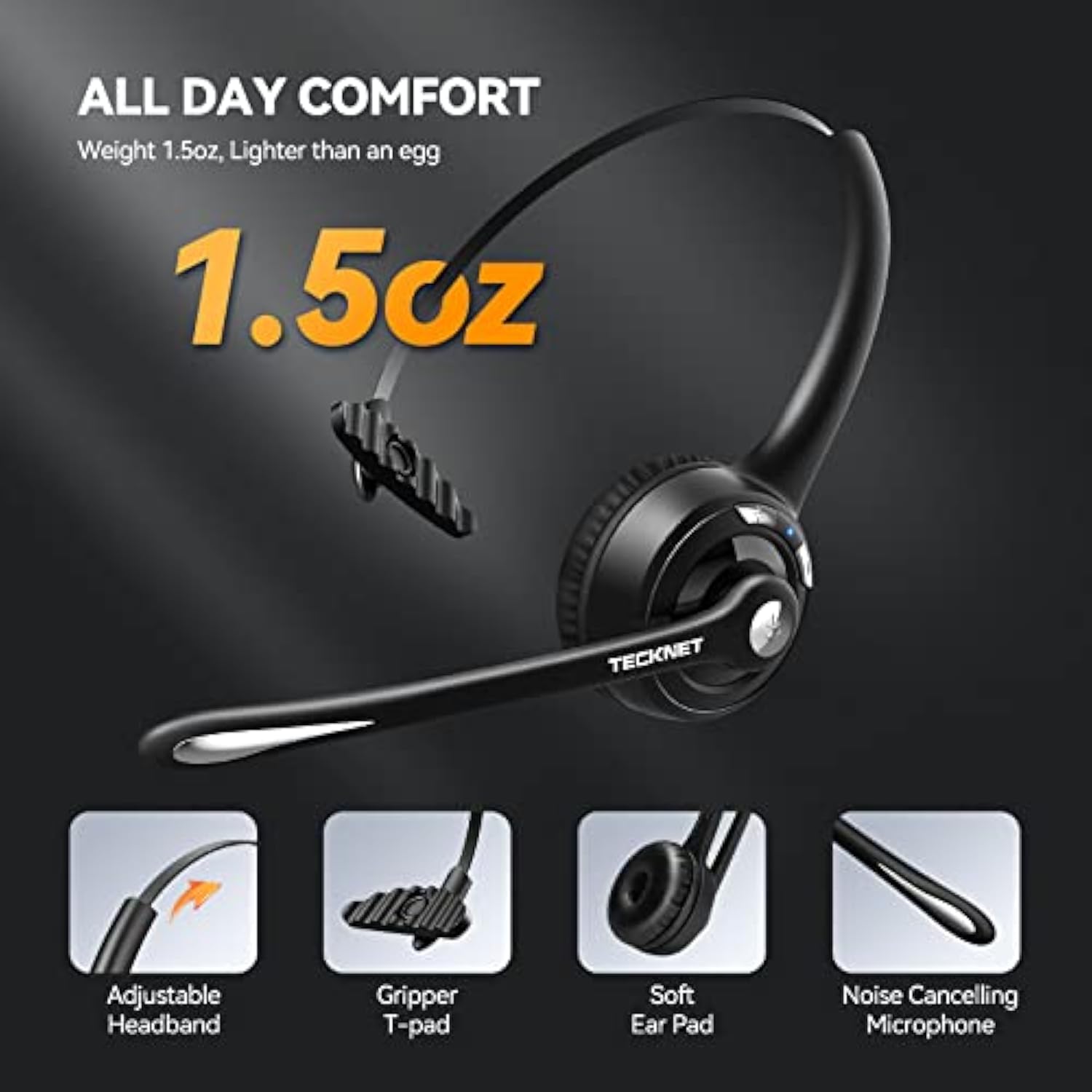 TECKNET Bluetooth Headset, Wireless On Ear Headphones with Noise Cancelling Microphone for Trucker, Hand Free Wireless Headset with Mute Mic for Phone