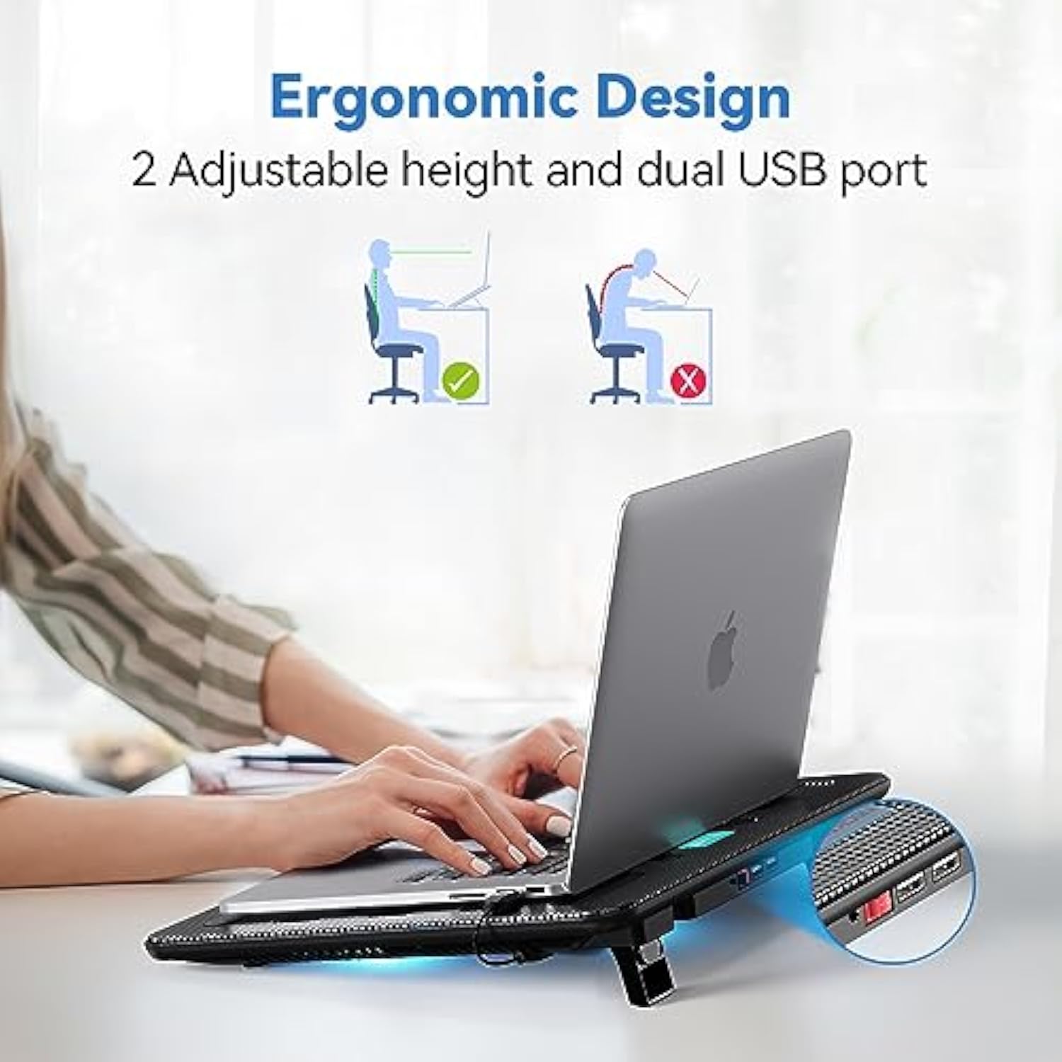 TECKNET Laptop Cooling Pad, Portable Slim Quiet USB Powered Laptop Notebook Cooler Cooling Pad Stand Chill Mat with 3 Blue LED Fans, Fits 12-17 Inches