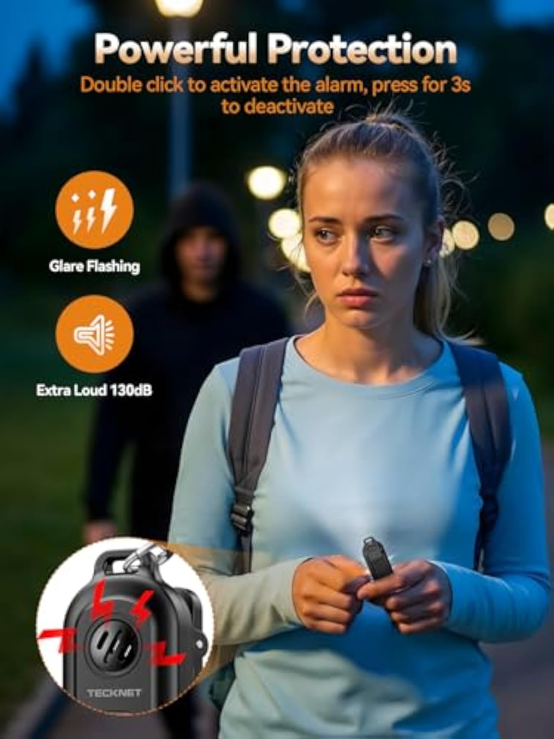 TECKNET Clip on Flashlight & 130dB Alarm 2-in-1, Rechargeable