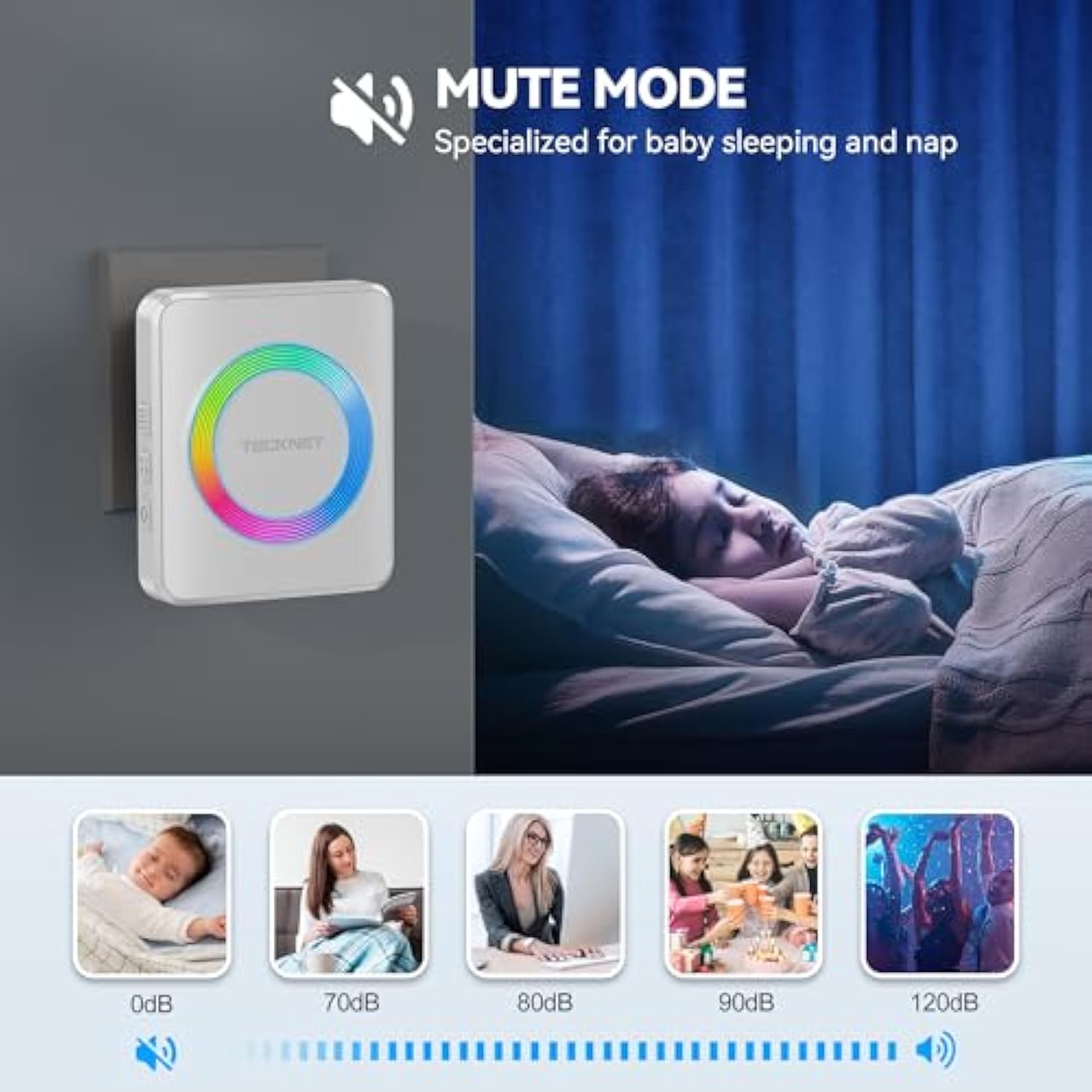 TECKNET Wireless Doorbells for Home, IP65 Waterproof Door Bell 1300ft Range, 0-120dB Classroom Doorbell Kits with 60 Chimes & 5 Volume Levels, RGB Flashing for Hearing Impaired with 2 Receivers