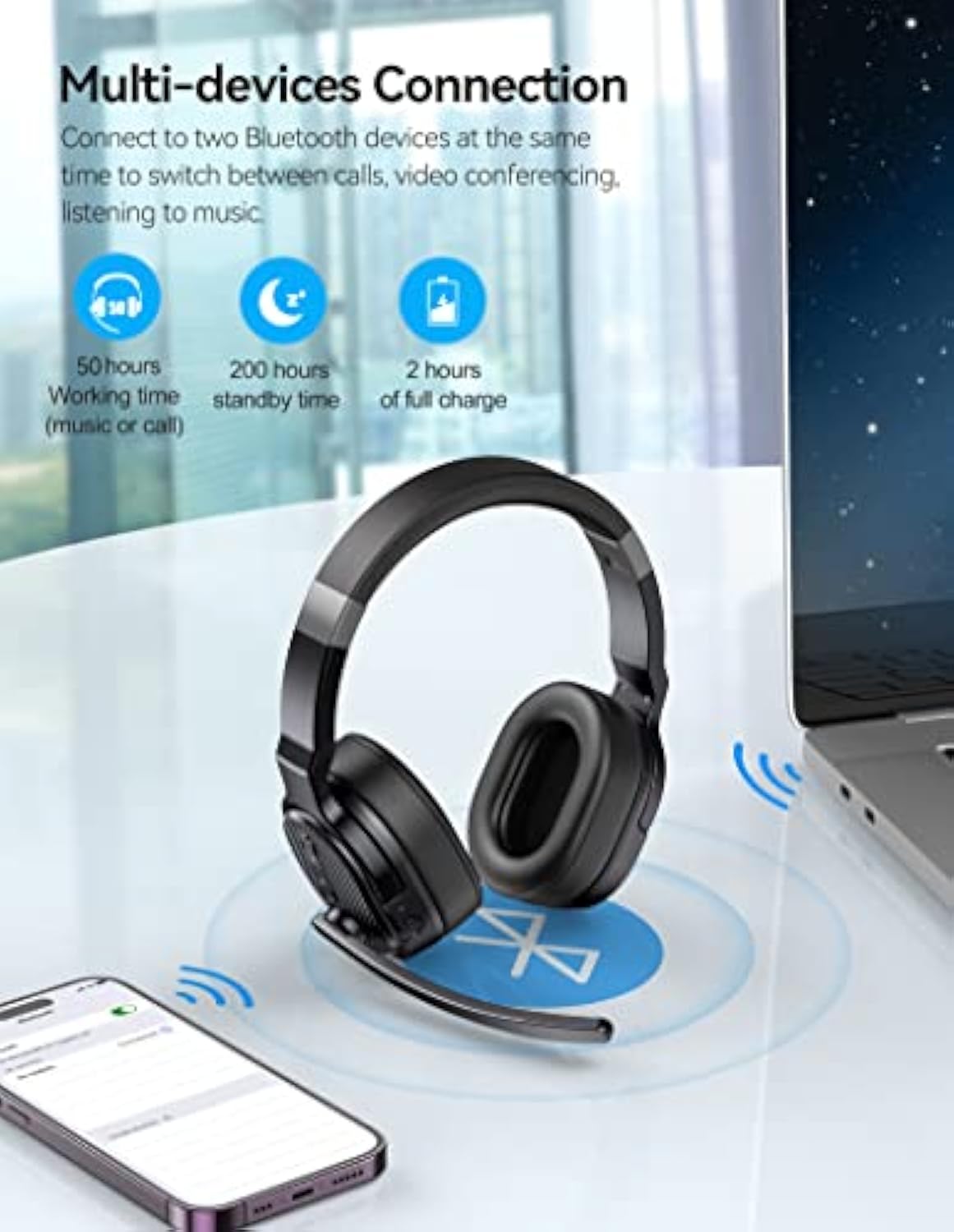 TECKNET Bluetooth Trucker Headset, Single and Dual Ear Wireless Headset with Mic for Work Noise Cancelling, 50Hrs 3 EQ Music Modes Trucker Bluetooth Headphones for PC, Drivers, Office, Call Center