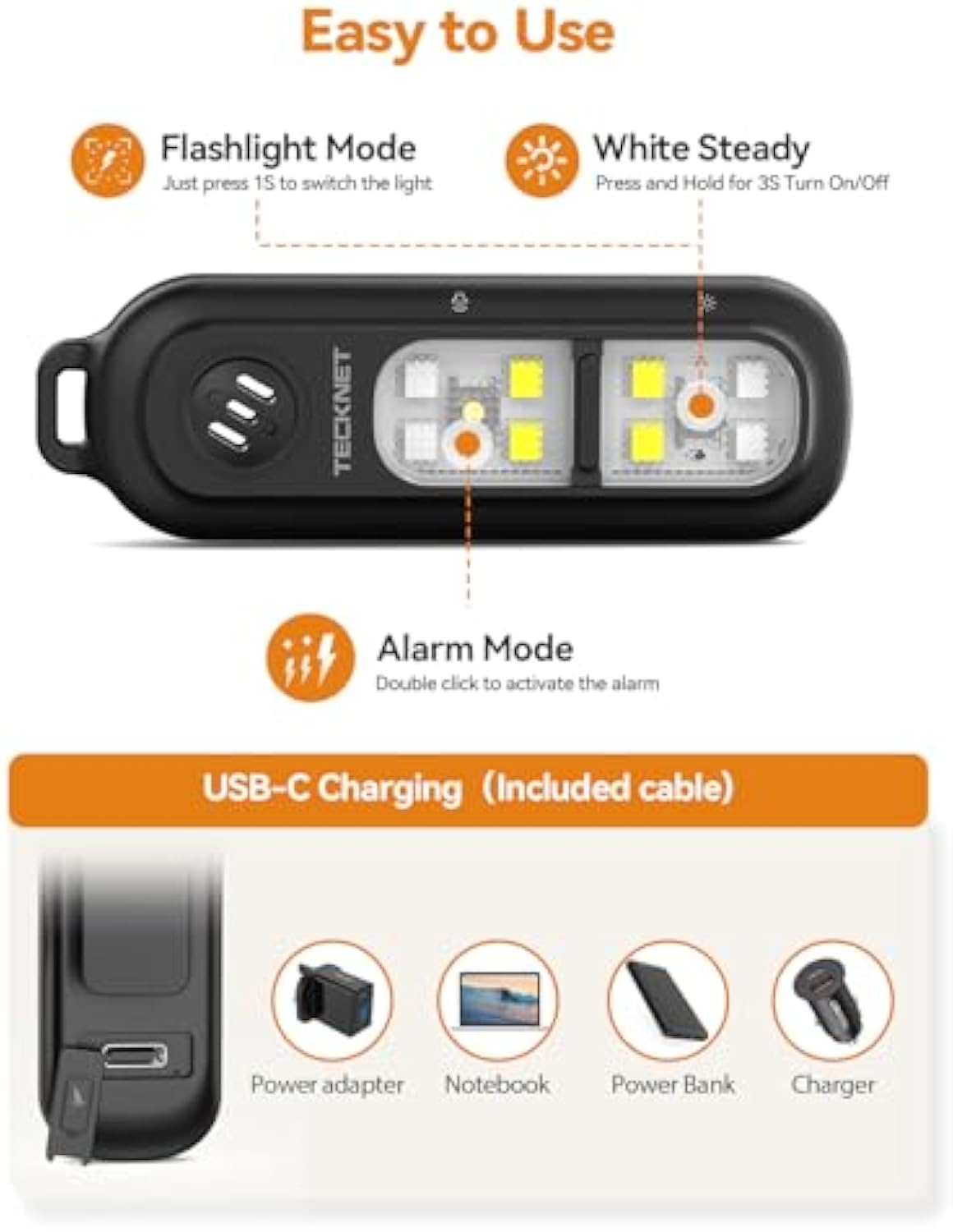 TECKNET Clip on Flashlight & 130dB Alarm 2-in-1, Rechargeable