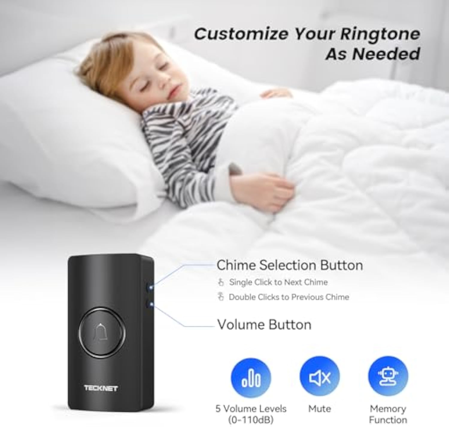 TECKNET Wireless Doorbell, Battery-Powered Door Bell Ringer with 1400ft Range