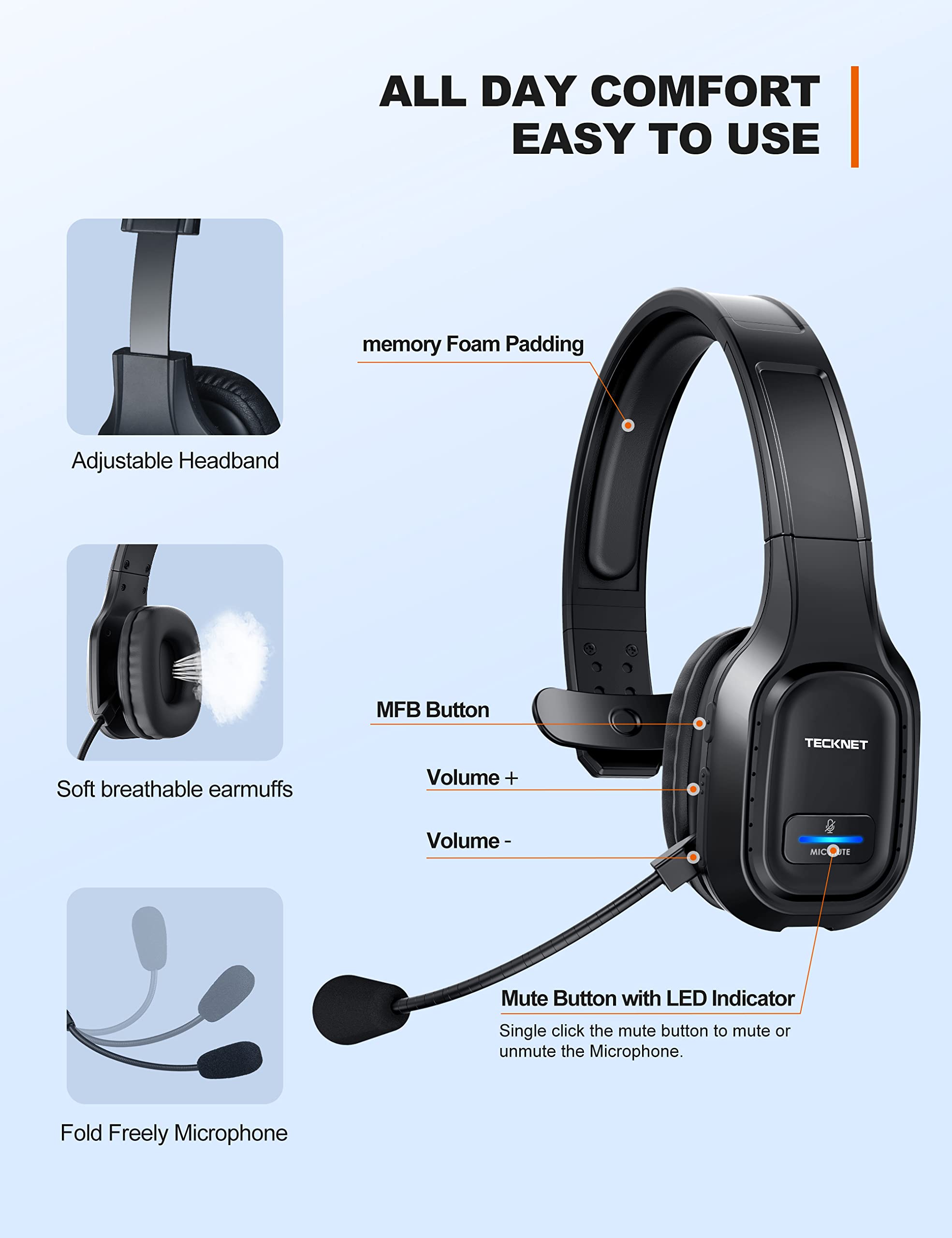 TECKNET Bluetooth Headset with Mic Noise Canceling