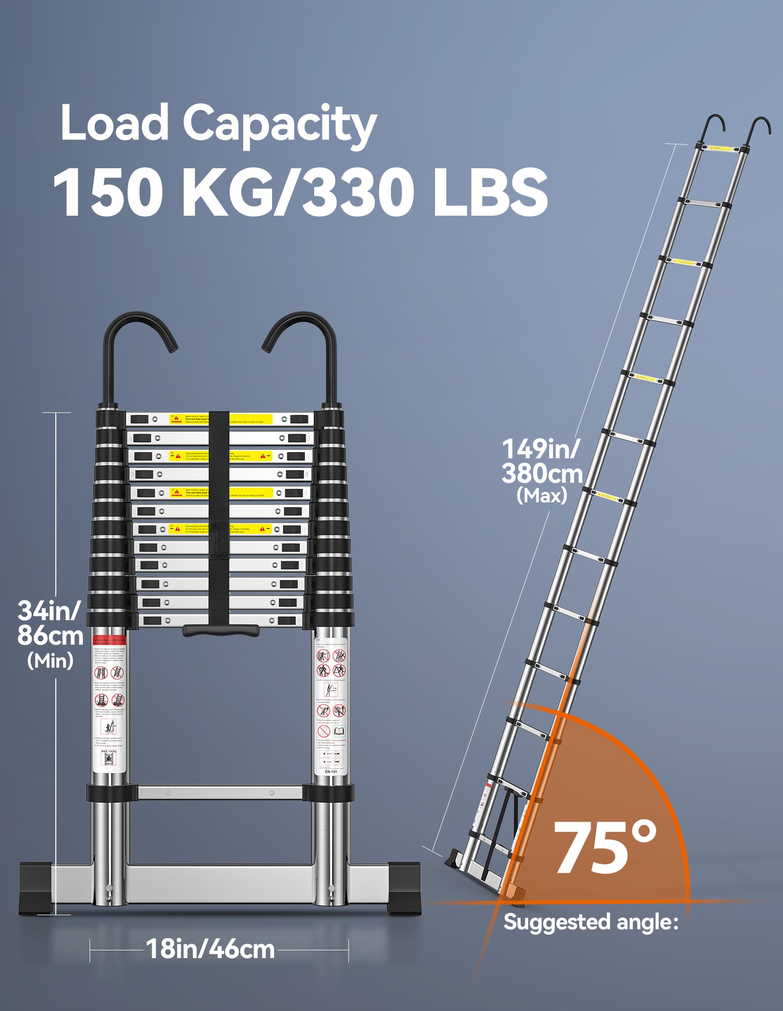 TECKNET Telescopic Ladder 3.8M/12.5FT, Max Load 150kg/330lbs