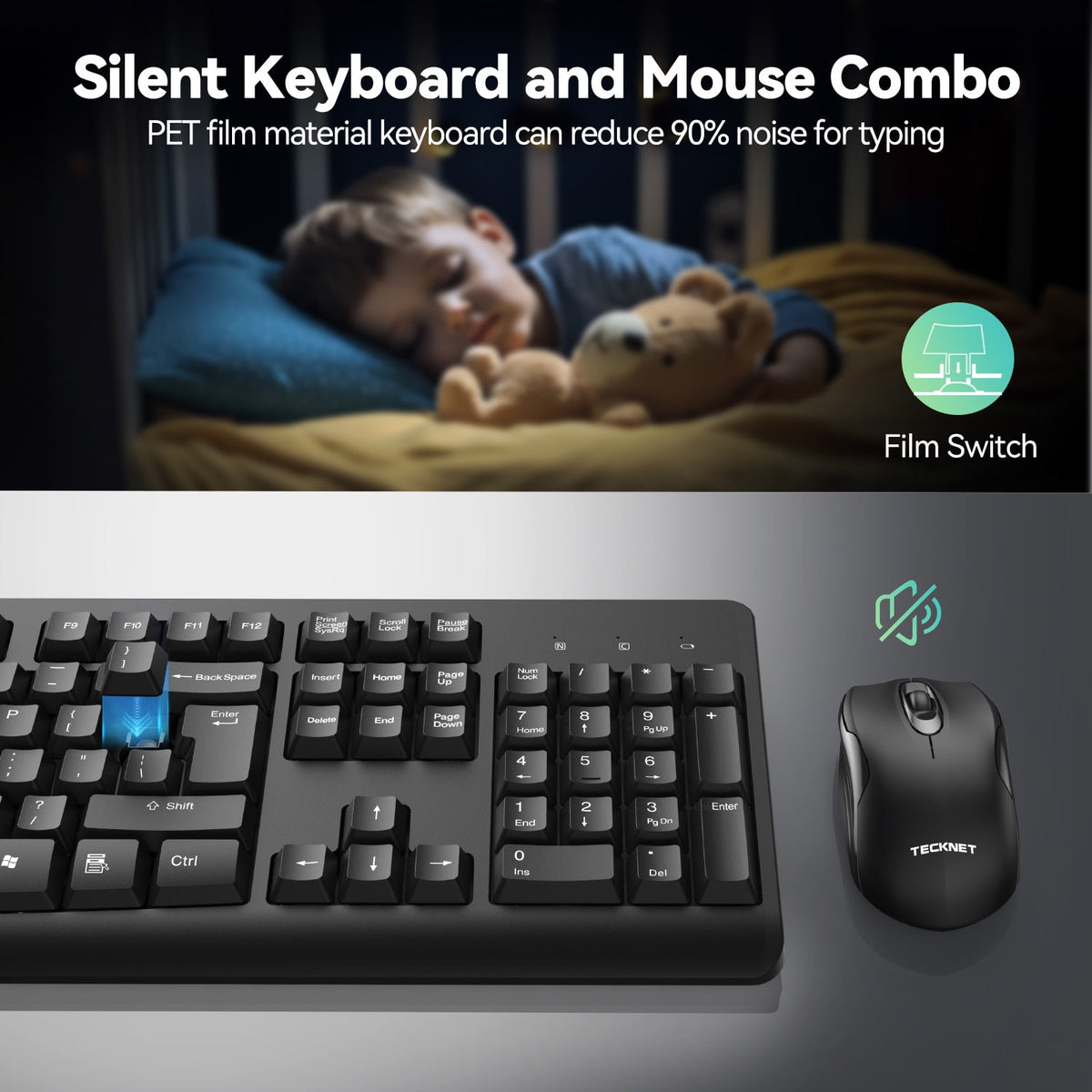 TECKNET BASICS Wireless Keyboard & Mouse Combo, Full-Size Ergonomic, Low-Noise Typing & Clicking, Long Battery Life, Spill-Resistant, 2.4G Lag-Free USB for PC/Laptop/Computer