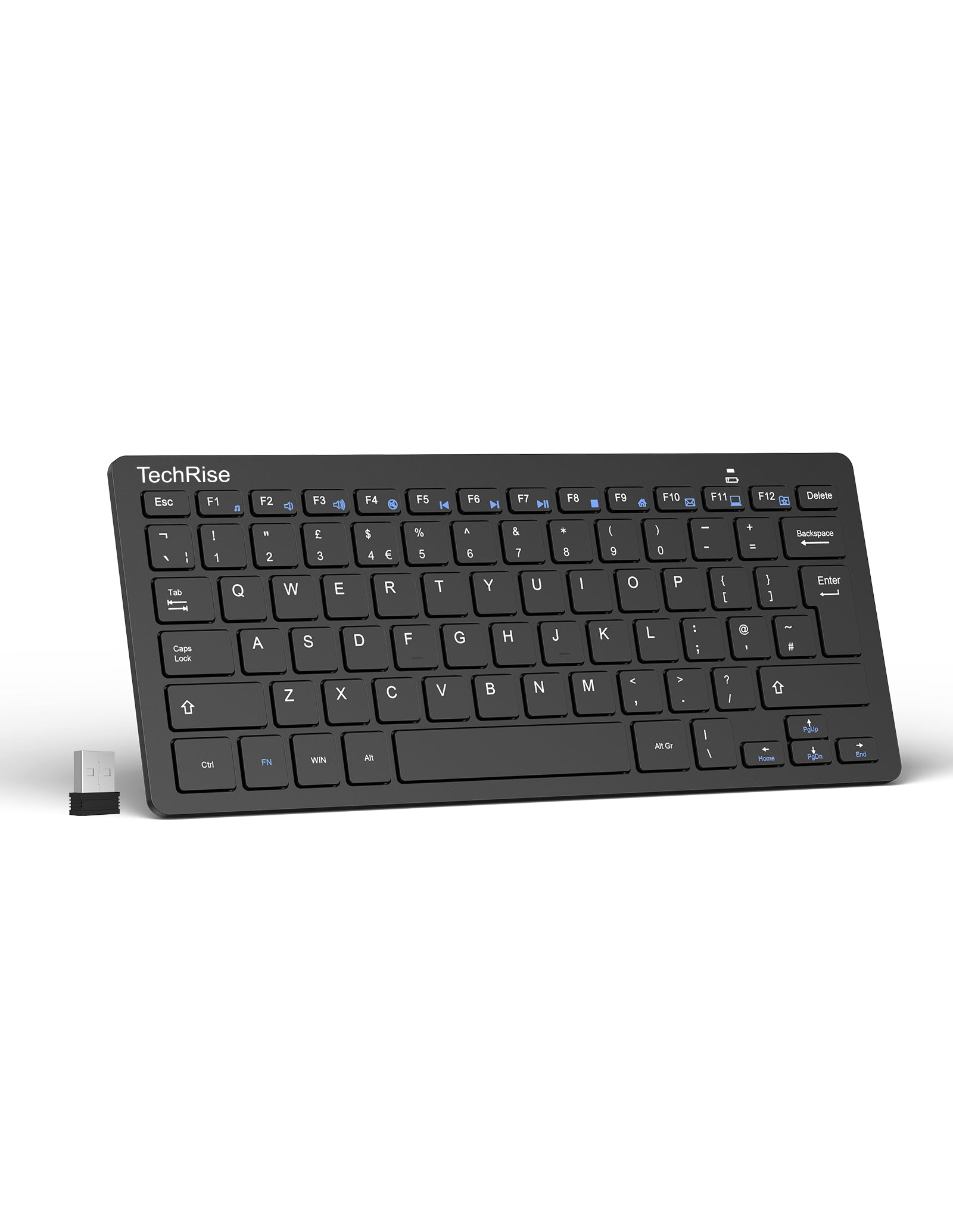 TechRise 2.4G Wireless Keyboard - Mini Compact Keyboard with Media Hotkeys, 12-Month Battery Life, Compatible with PC, Desktop, Laptop, Smart TV - Black
