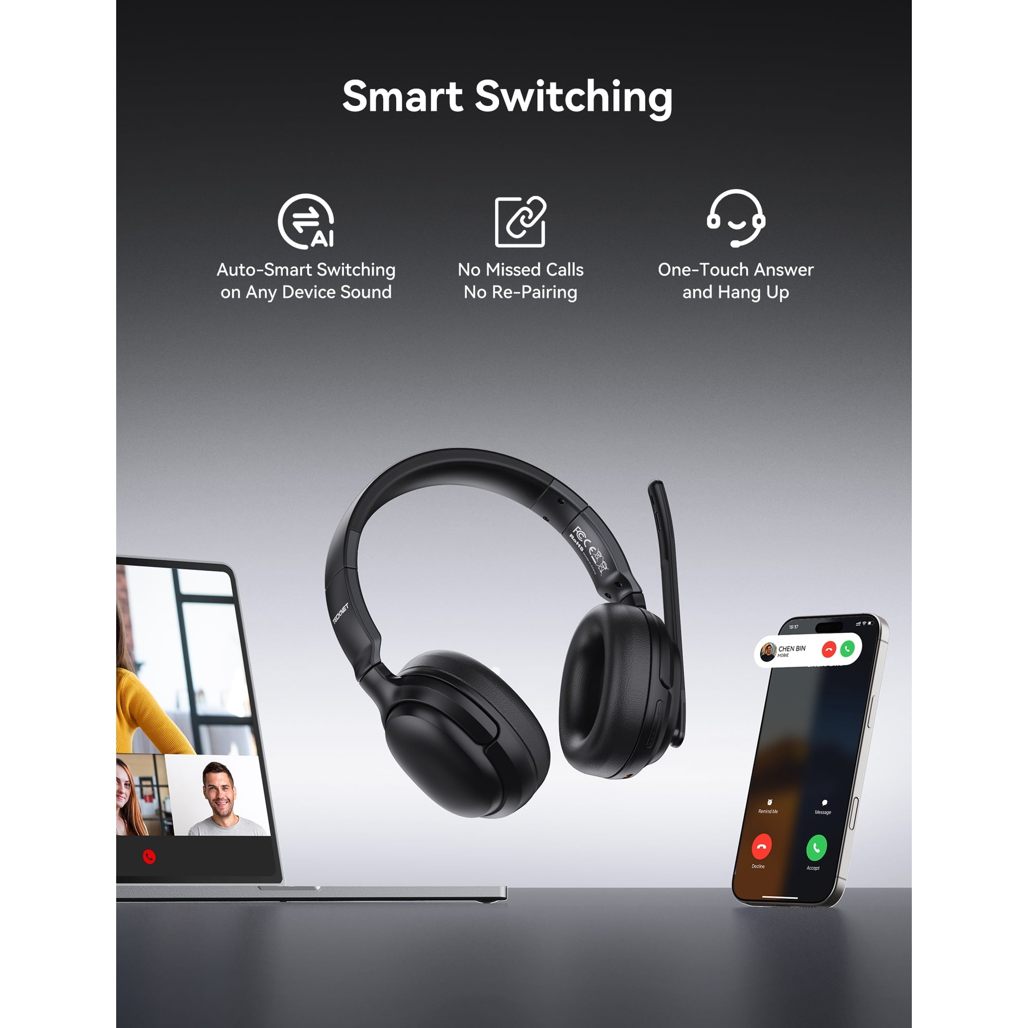 TECKNET Wireless Noise Cancelling Headphones, 5.4 Bluetooth Headphones Over Ear, Mono/Stereo 2-in-1, 65H Playtime, Wireless Headset with Microphone for Home Trucker Office Call Center, Black