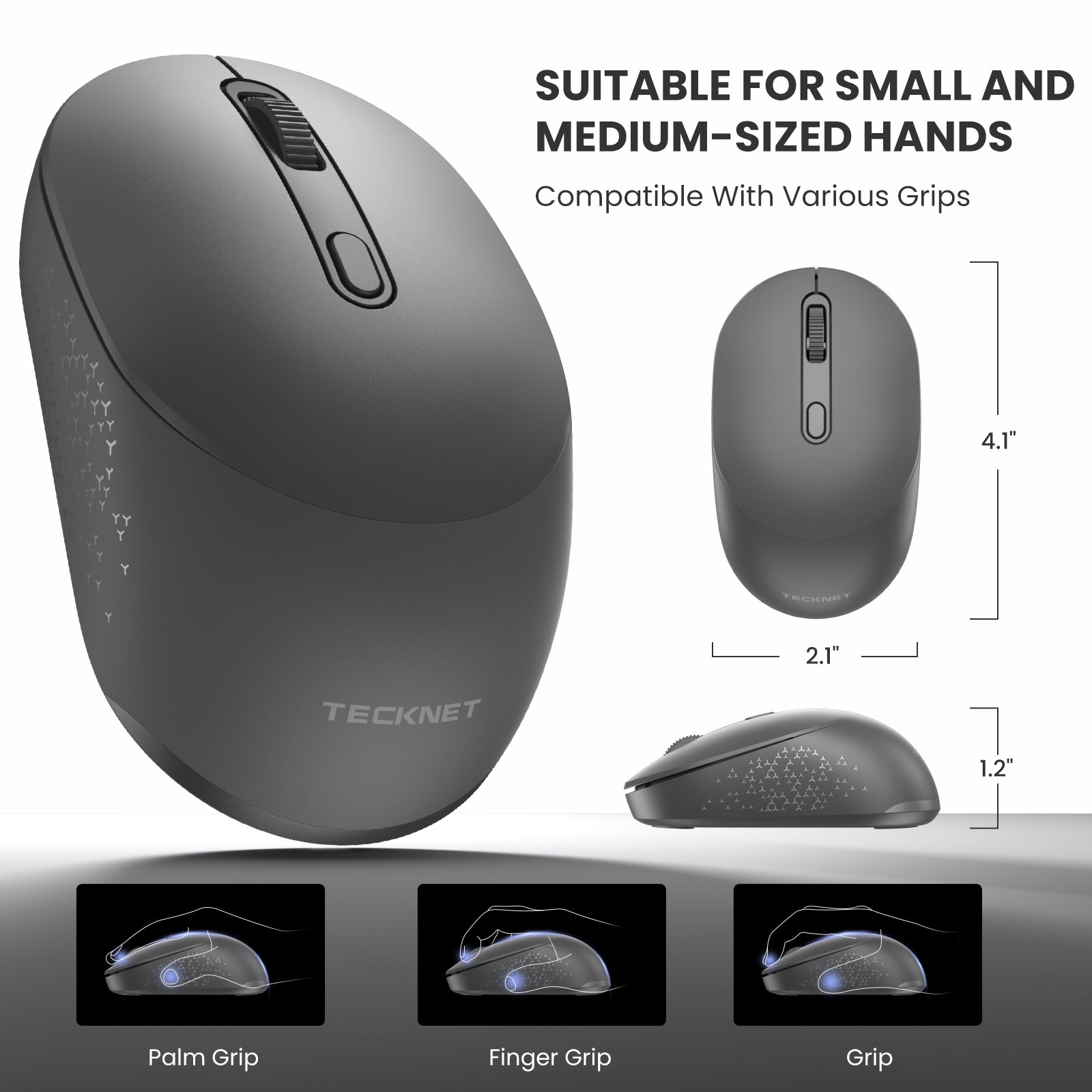 TECKNET Bluetooth Wireless Mouse, Bluetooth 5.0 & 2.4G USB Receiver, Compact & Portable, Silent Click, Ergonomic Symmetrical Design, 18-Month Battery, Adjustable DPI, Wide Compatibility - Grey