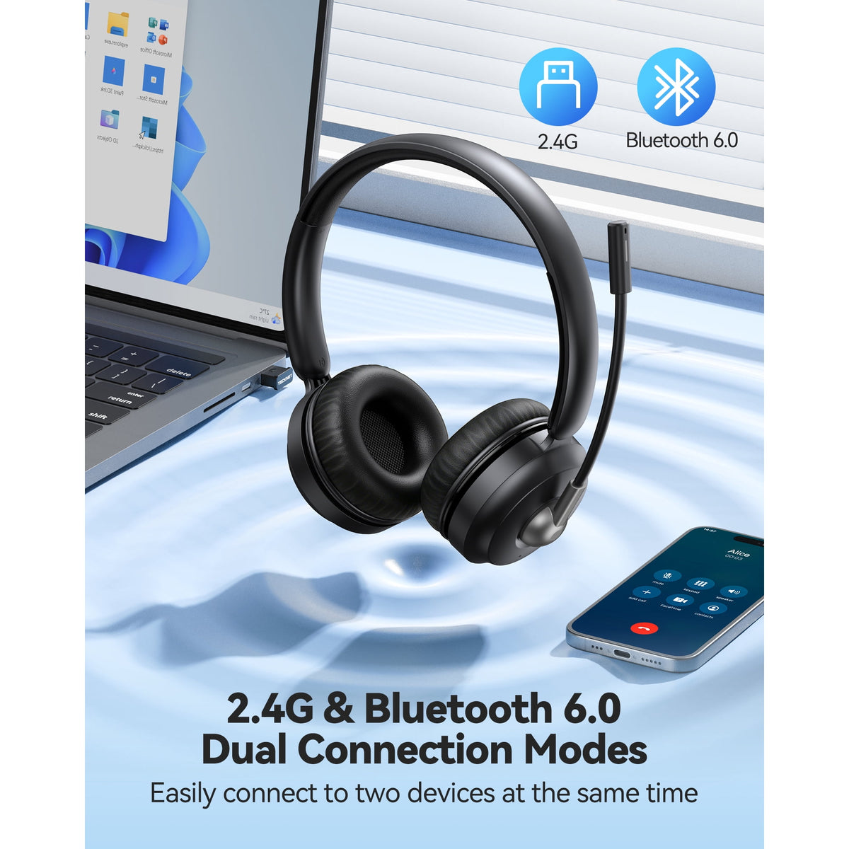 TECKNET Wireless Headset, Bluetooth Headset with Noise Cancelling Microphone - Rechargeable Bluetooth V5.2 Headphones, 50H Playtime & Mic Mute, On Ear Headphones for Trucker/Remote Work/Call Center