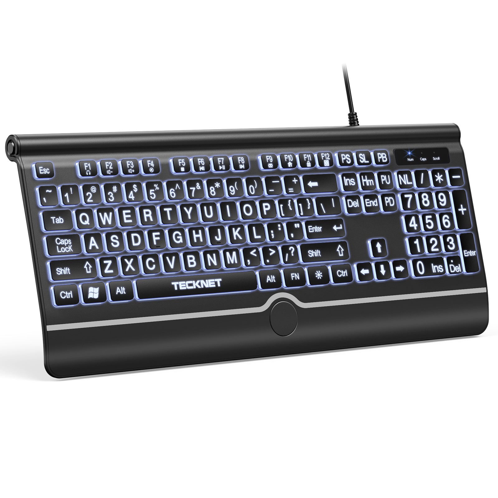 TECKNET Large Print Backlit Keyboard, Wired USB-A Computer Keyboard with Wrist Rest, 7-Color Backlit, Oversized Letter Keys Easy to See, Plug-and-Play, Silent, Light Up Keyboard for Windows/PC/Laptop