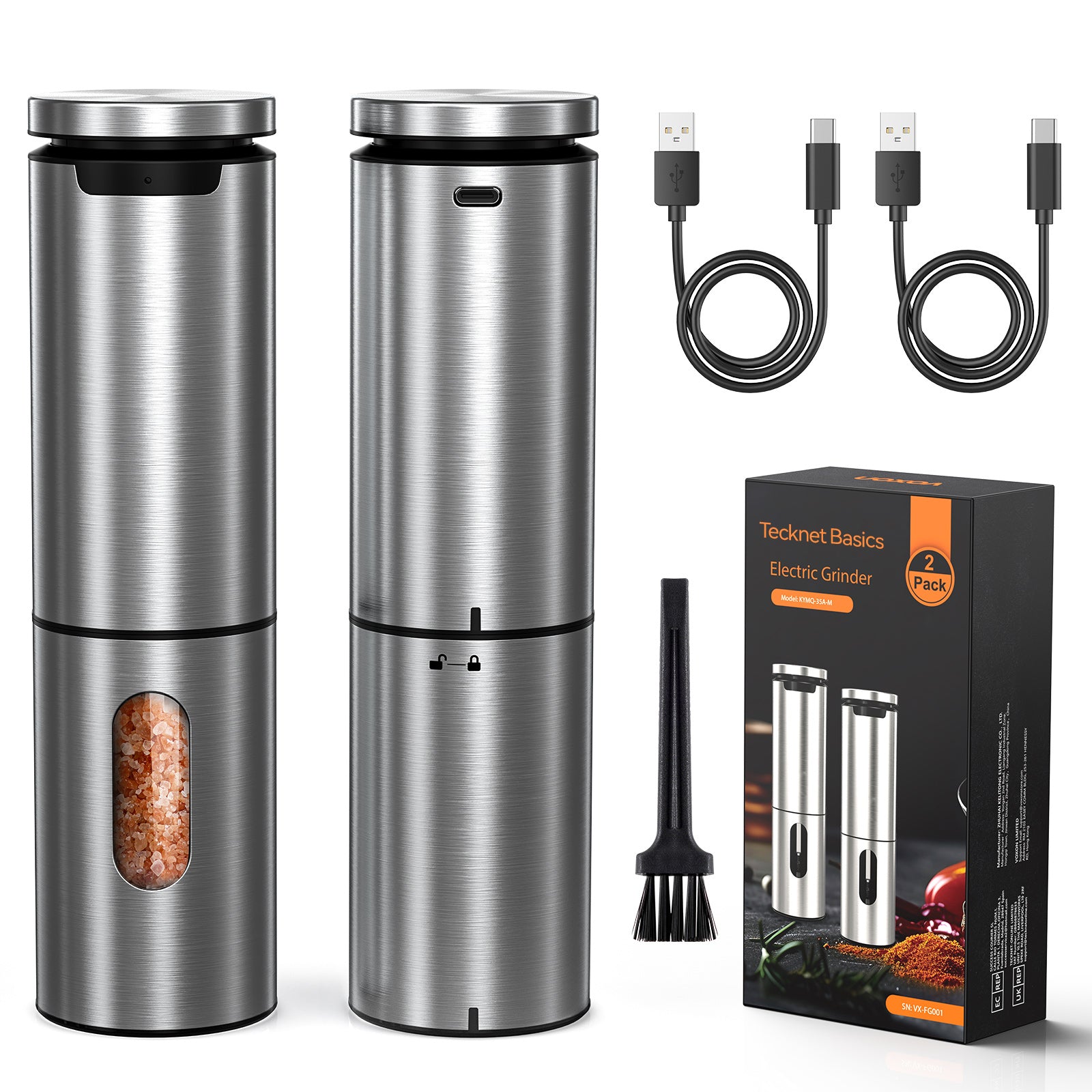 Tecknet Basics Electric Salt and Pepper Grinder Set Rechargeable Stainless Steel