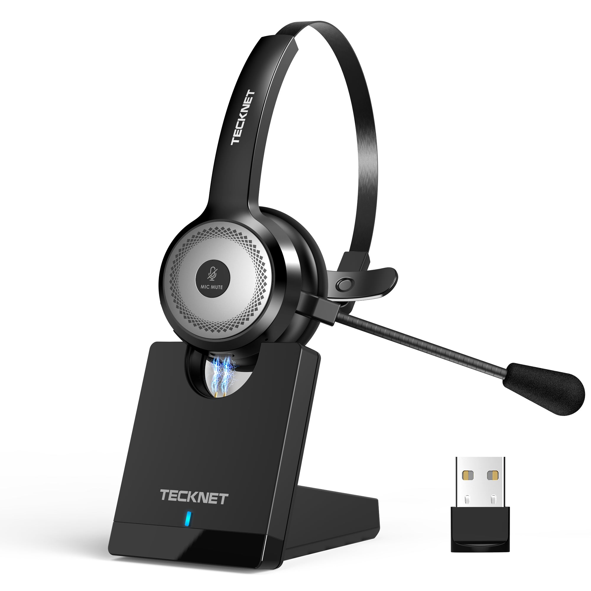 TECKNET Wireless Headset for Work, 40Hrs Worktime AI Noise Cancelling Computer Headphones with Charging Base, Bluetooth Headset with Mic & USB Dongle for PC/Laptop/Call Center