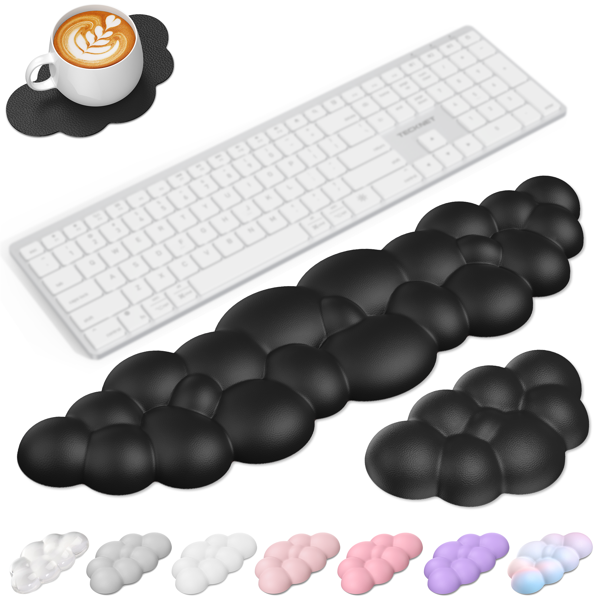 TECKNET BASICS Cloud Keyboard Wrist Rest Set, Non-Slip PU Leather Wrist Pad with Ergonomic Memory Foam, for Laptop/Office/Gaming & Pain Relief, Black