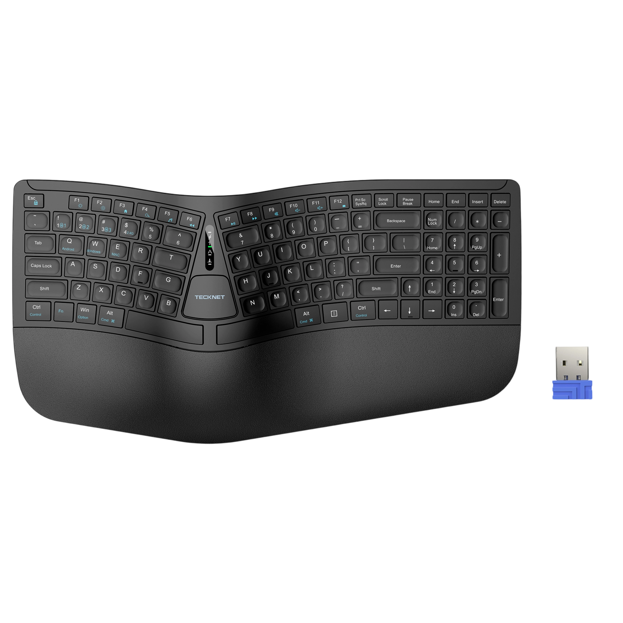 Black ergonomic keyboard with USB receiver on a white background