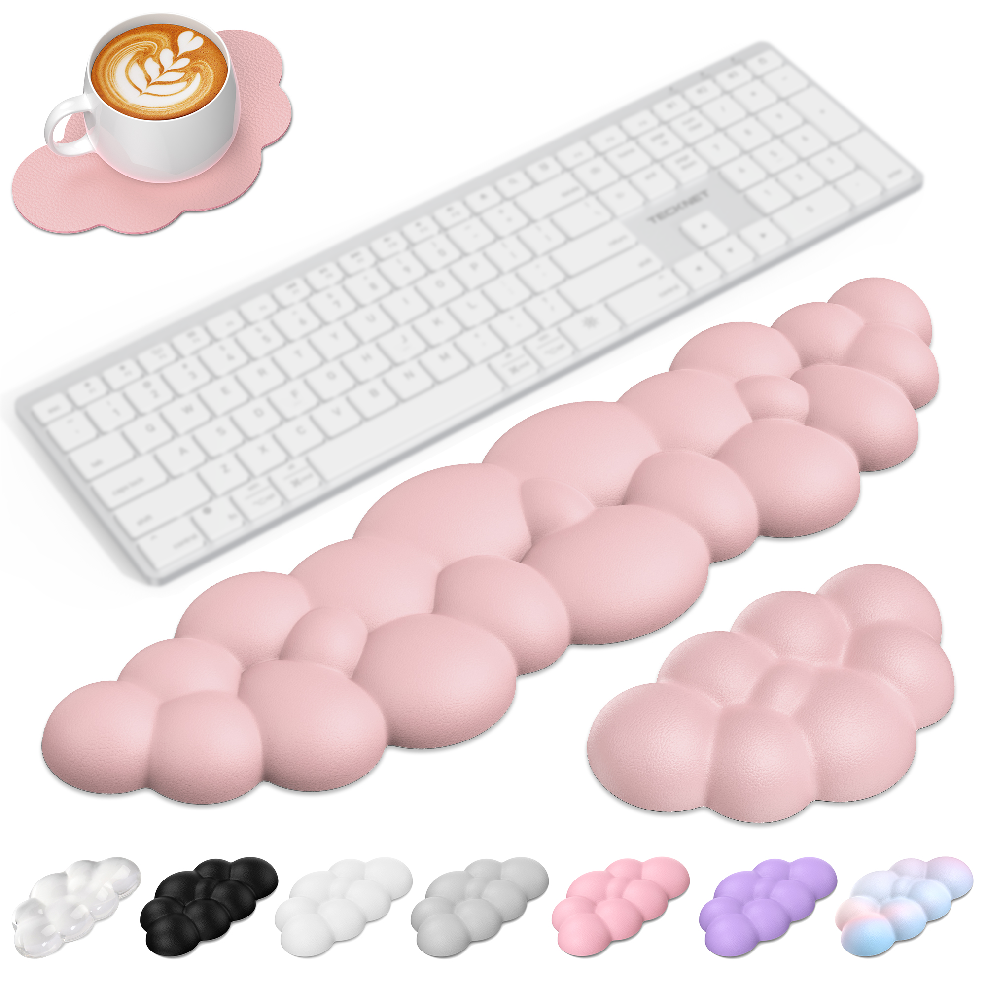 TECKNET BASICS Cloud Keyboard Wrist Rest Set, Non-Slip PU Leather Wrist Pad with Ergonomic Memory Foam, for Laptop/Office/Gaming & Pain Relief, Light Pink