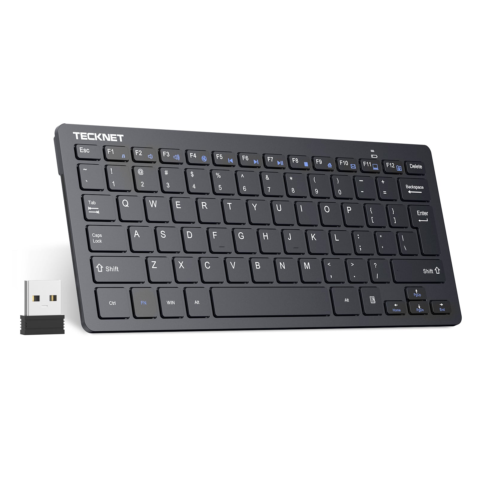 TECKNET BASICS 2.4G Wireless Keyboard - Mini Compact Keyboard with Media Hotkeys, 12-Month Battery Life, Compatible with PC, Desktop, Laptop, Smart TV - Black