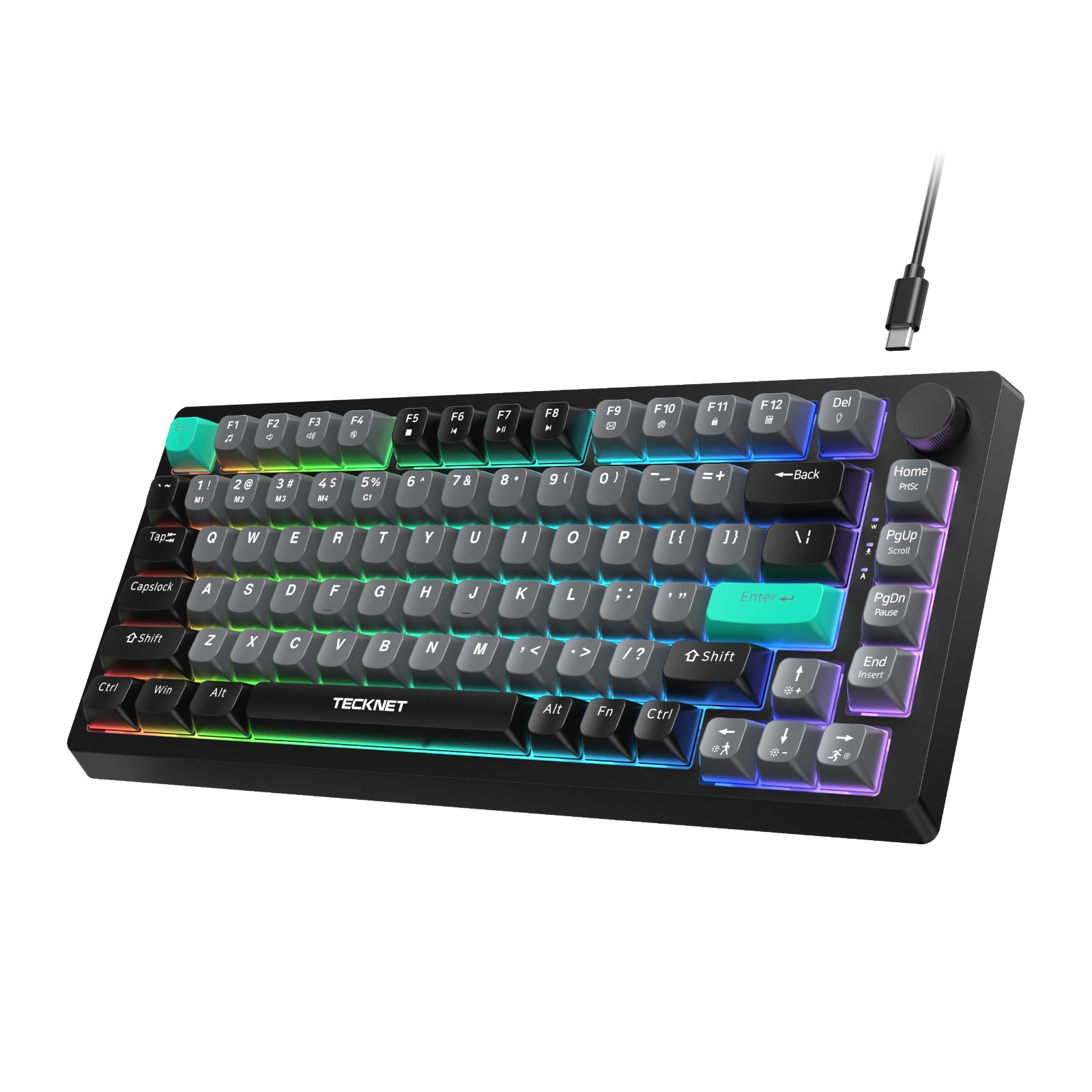 TECKNET RGB Gaming Keyboard,Compact 83 Keys Wired Keyboard with Volumn Knob