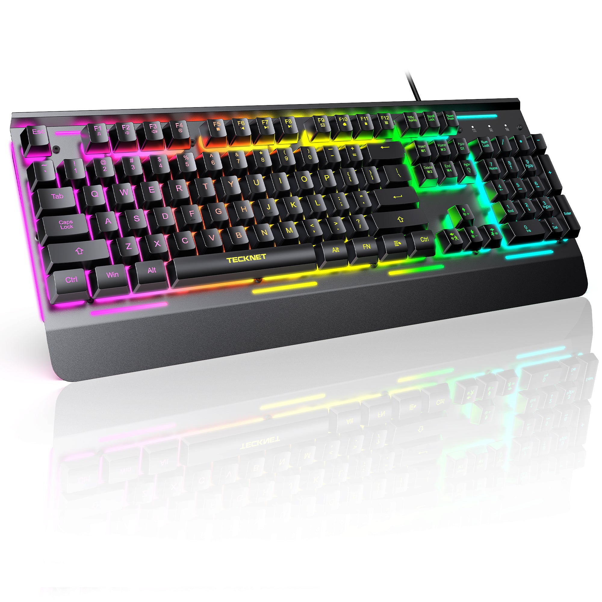 TECKNET Wired Gaming Keyboard, 2.4G USB Computer Keyboards, 7-Color & 4 Modes Backlit, Whisper Quiet Switches, Full Size Quiet Keyboard for Windows Desktop, PC, Laptop, Gaming