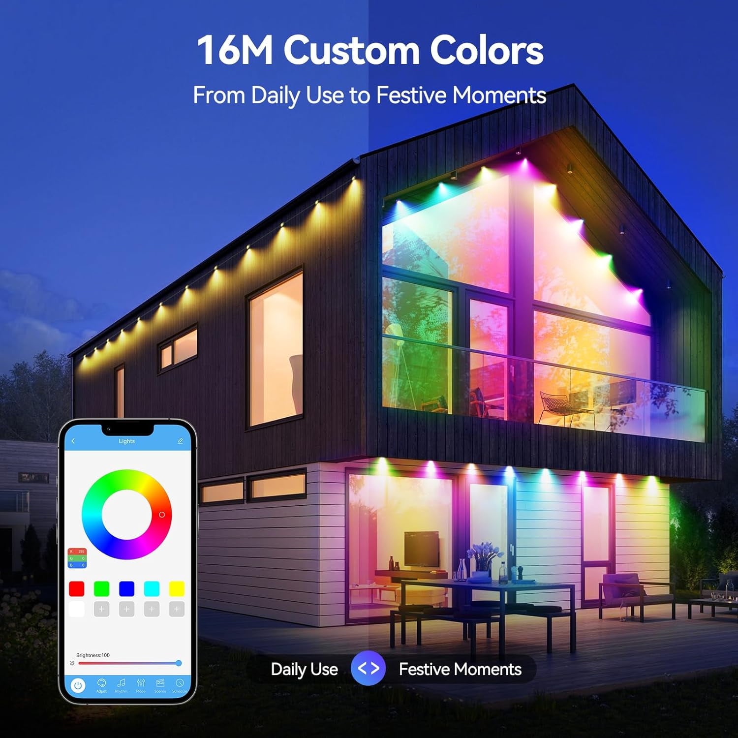 TECKNET 100FT Permanent Outdoor Lights, Smart RGBIC LED Christmas Lights, Preset/DIY Modes, Dual Music Sync, IP67 Waterproof Outdoor Lighting for Holiday & Party Decorations