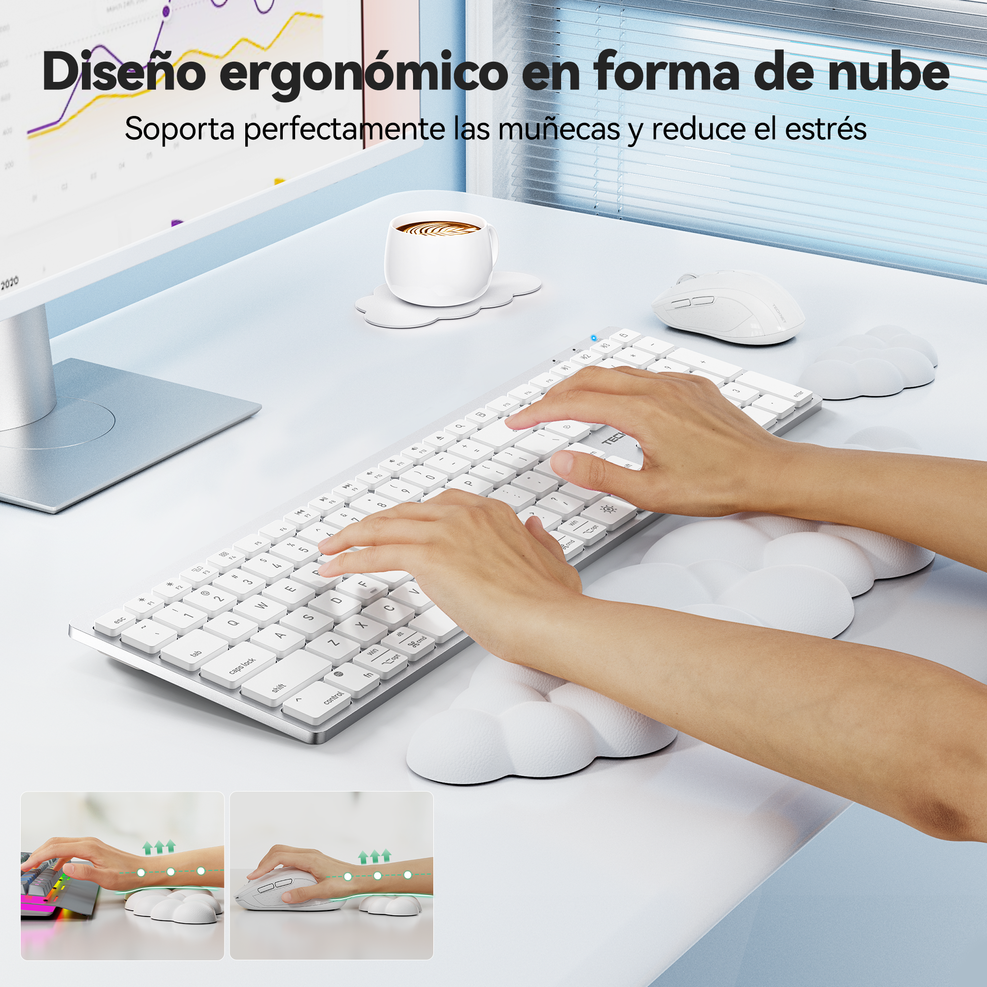 TECKNET BASICS Cloud Keyboard Wrist Rest Set, Non-Slip PU Leather Wrist Pad with Ergonomic Memory Foam, for Laptop/Office/Gaming & Pain Relief, White