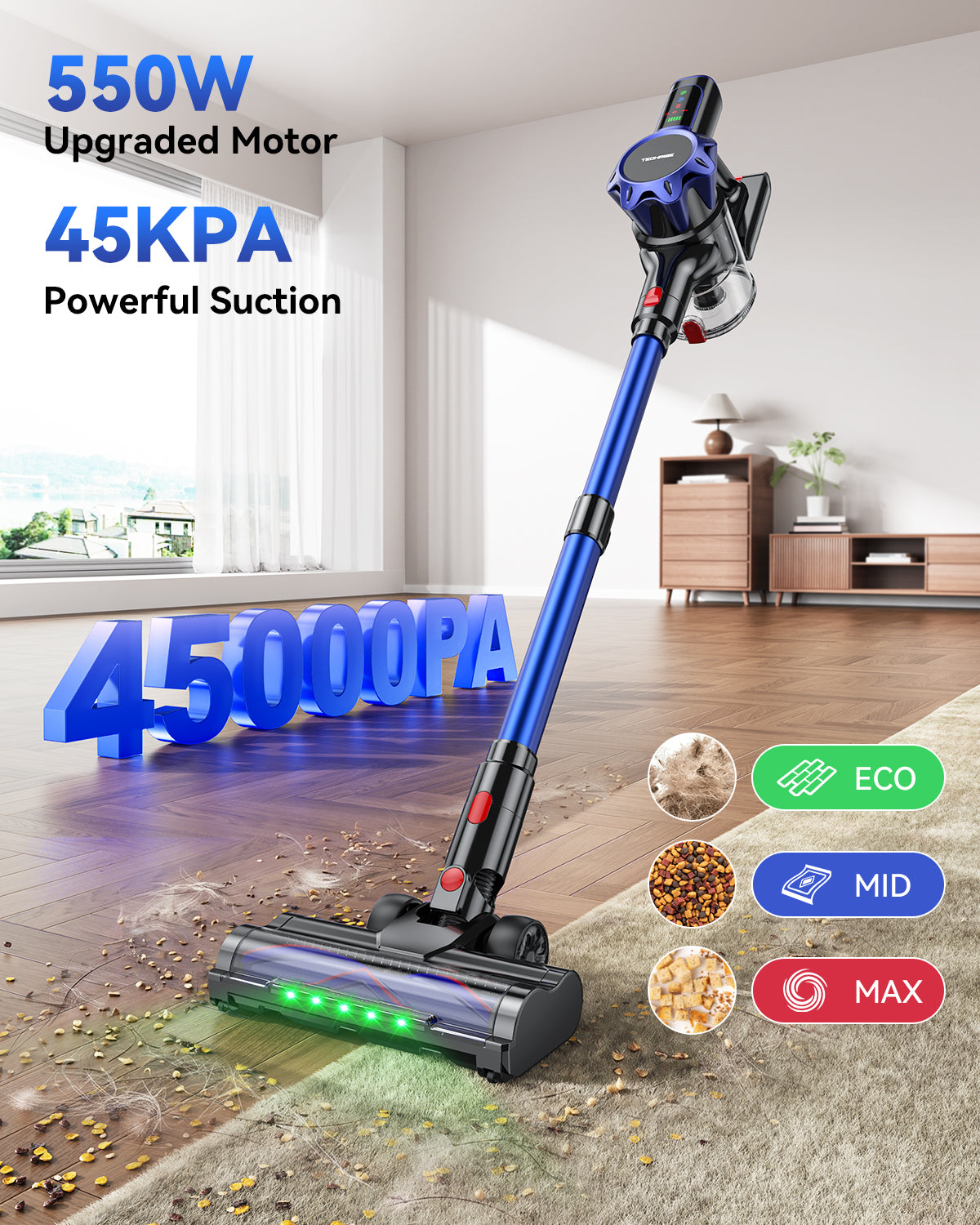 TechRise Basic 550W/45kPa Cordless Vacuum,60Mins Runtime Lightweight Stick Vacuum for Hardwood Floor Carpet Pet Hair