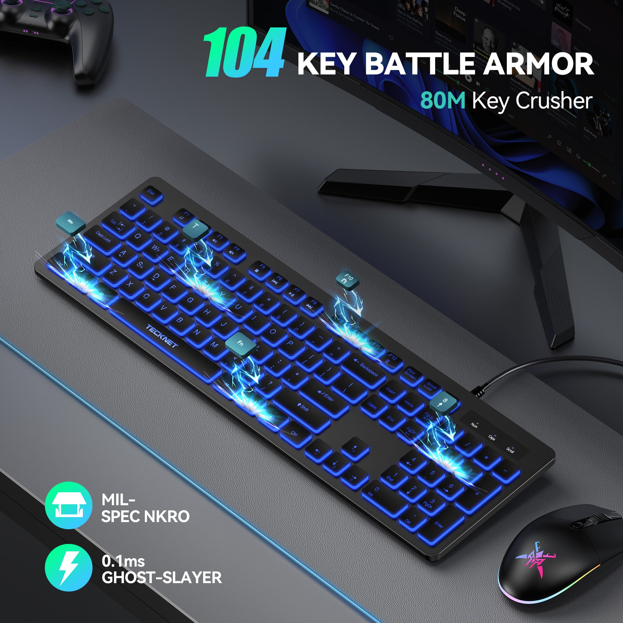 TECKNET Wired Keyboard,Silent USB Keyboard for Office,Spill-Resistant,Slim Full-Size Membrane Layout,Plug and Play for PC/Laptop/Mac-RGB Backlit