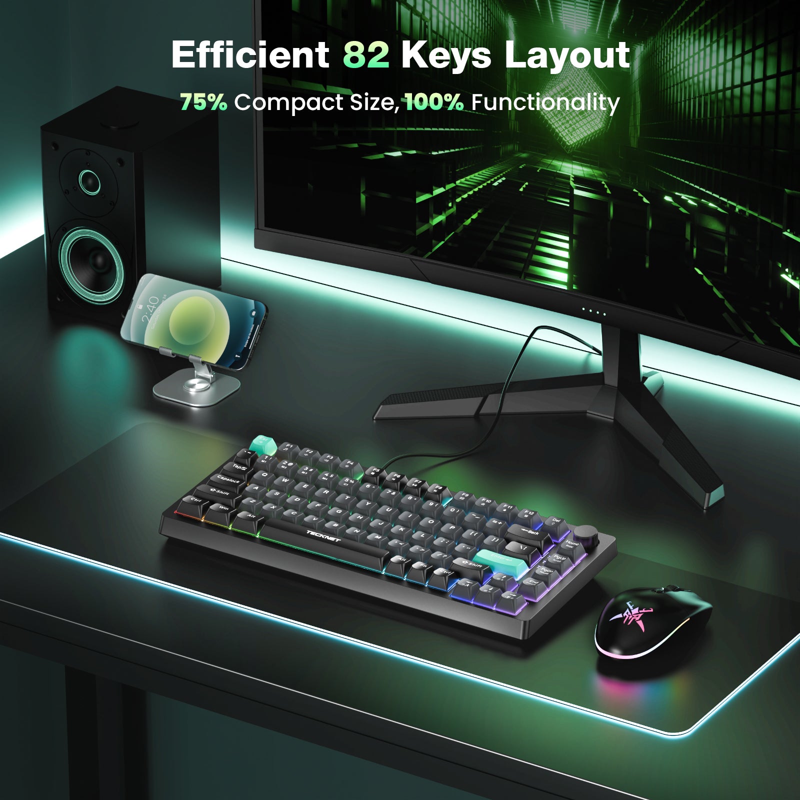 TECKNET RGB Gaming Keyboard,Compact 83 Keys Wired Keyboard with Volumn Knob