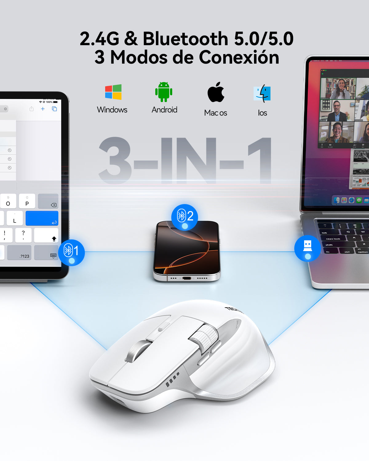 TEIMA Wireless Mouse, Bluetooth Mouse (BT5.3/5.0 & 2.4G) Rechargeable Ergonomic Optical Mouse with 6 Adjustable DPI, Side Scroll, Quiet Clicks, USB A Receiver, 7 Buttons, Wide Compatibility - White