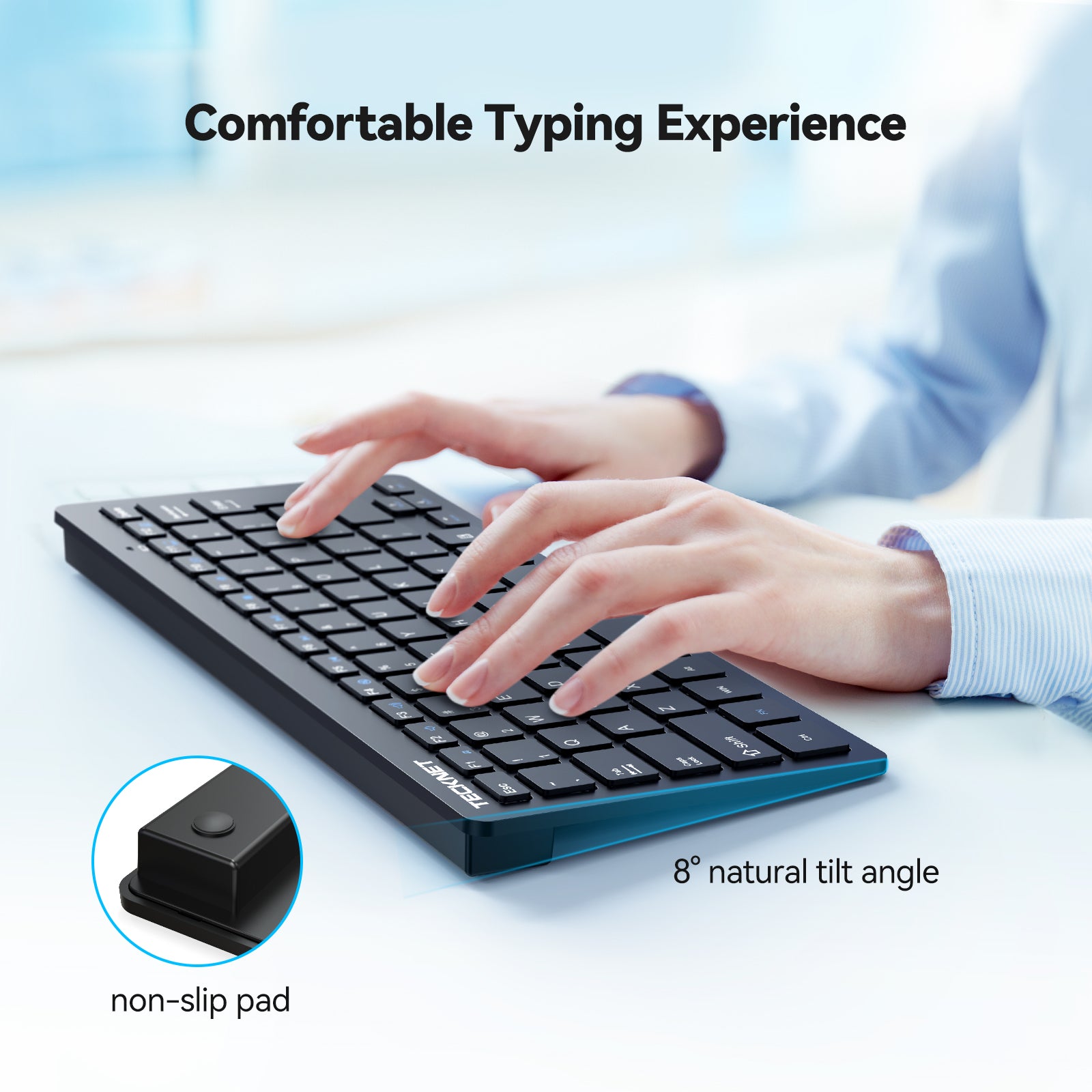 TECKNET BASICS 2.4G Wireless Keyboard - Mini Compact Keyboard with Media Hotkeys, 12-Month Battery Life, Compatible with PC, Desktop, Laptop, Smart TV - Black