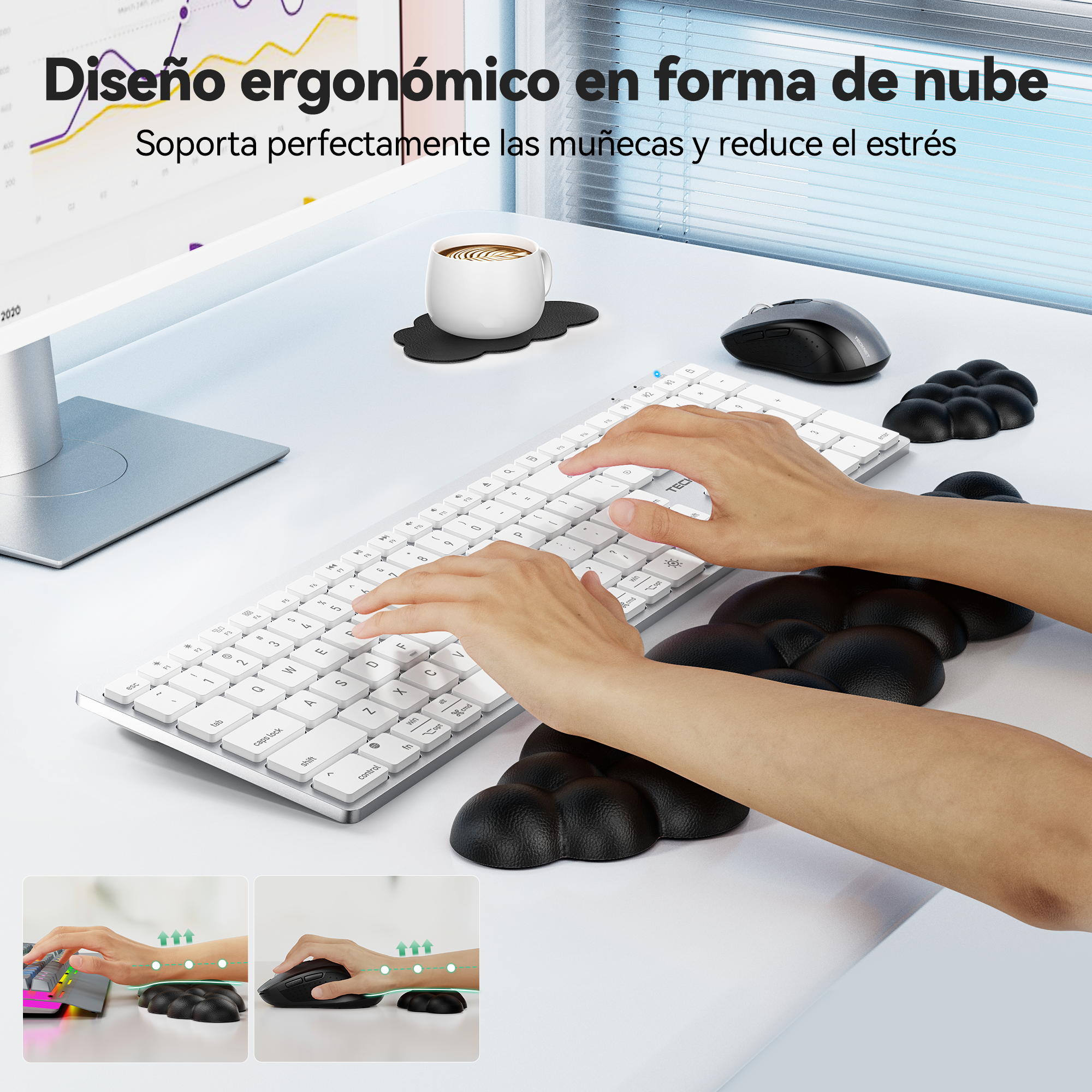 TECKNET BASICS Cloud Keyboard Wrist Rest Set, Non-Slip PU Leather Wrist Pad with Ergonomic Memory Foam, for Laptop/Office/Gaming & Pain Relief, Black