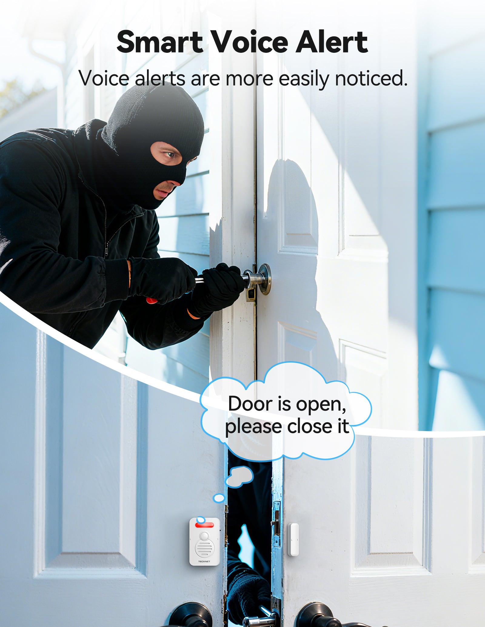 TECKNET Door Alarms for Kids Safety, Door Alarms When Opened, Window Alarm with Smart Voice Alert, 4-Level Adjustable Volume, Refrigerator Sensor Pool Alarm for Home Security、Fridge、Garage and Window