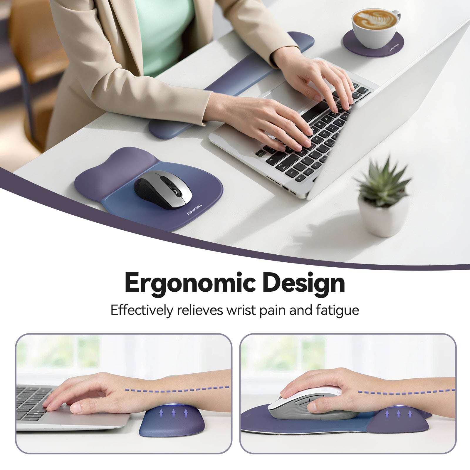 TECKNET BASICS Gel Mouse Pad with Wrist Rest, 3 in 1 Keyboard Wrist Rest for Pain Relief, Non-Slip PU Base, Ergonomic Set for Office & Home，Blue Purple Gradien