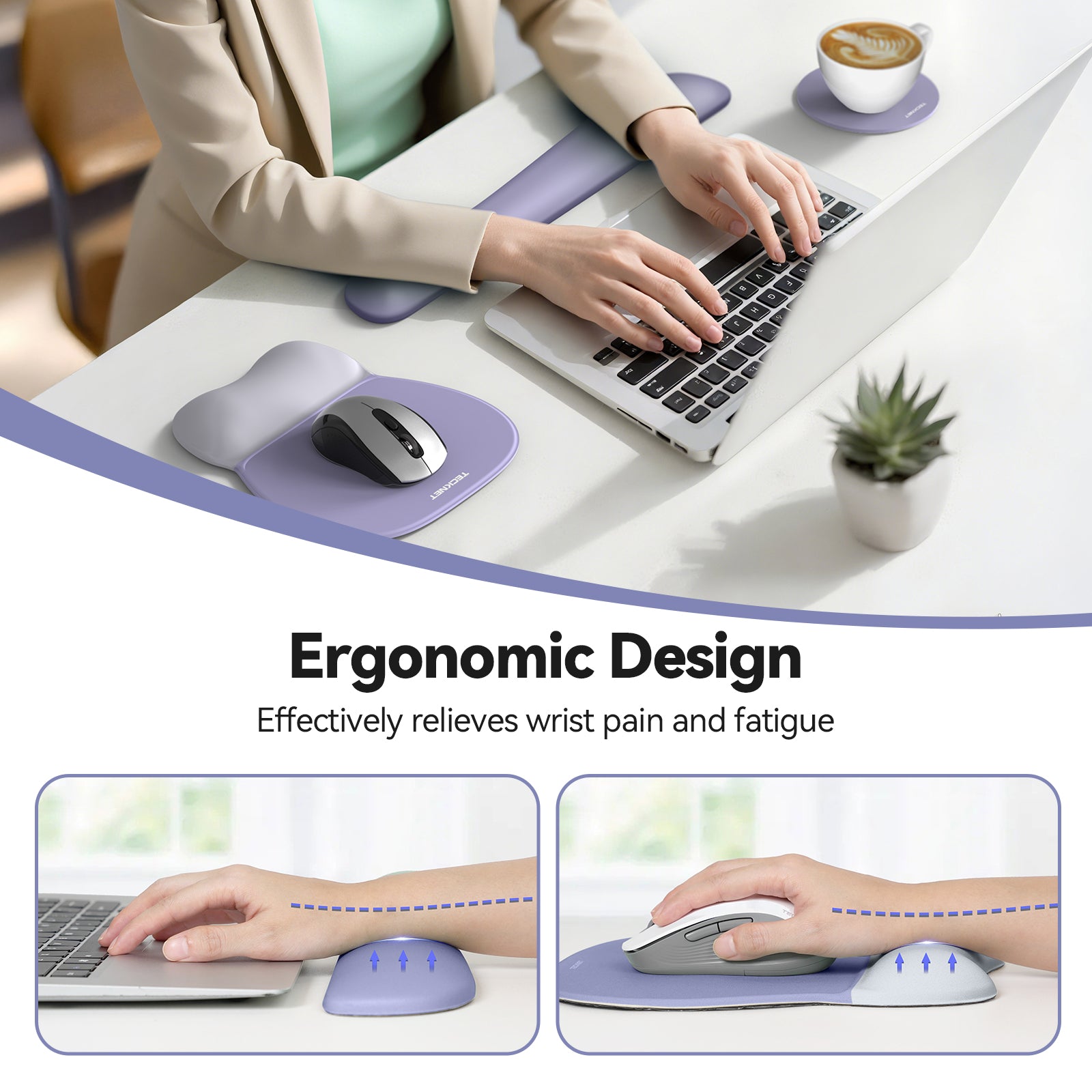 TECKNET BASICS Gel Mouse Pad with Wrist Rest, 3 in 1 Keyboard Wrist Rest for Pain Relief, Non-Slip PU Base, Ergonomic Set for Office & Home，Purple