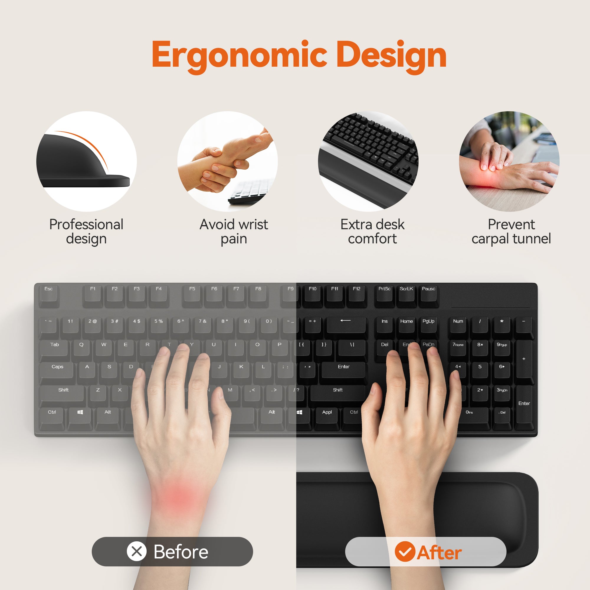TECKNET BASICS Wrist Rest for Keyboard, Ergonomic Memory Foam Support Pad, Anti-Slip Rubber Base, 17" x 3.3" x 1" for Pain Relief，Black