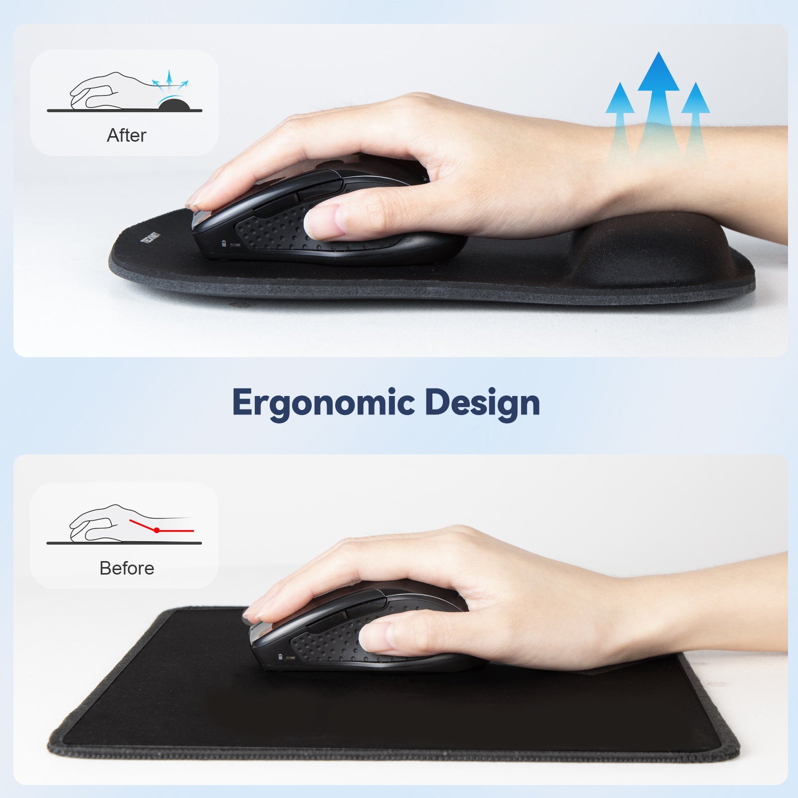 TECKNET BASICS Mouse Pad with Wrist Support, Ergonomic Gaming Mouse Pad for Pain Relief, Non-Slip Waterproof Desk Pad for Office, Study & Laptop, Black