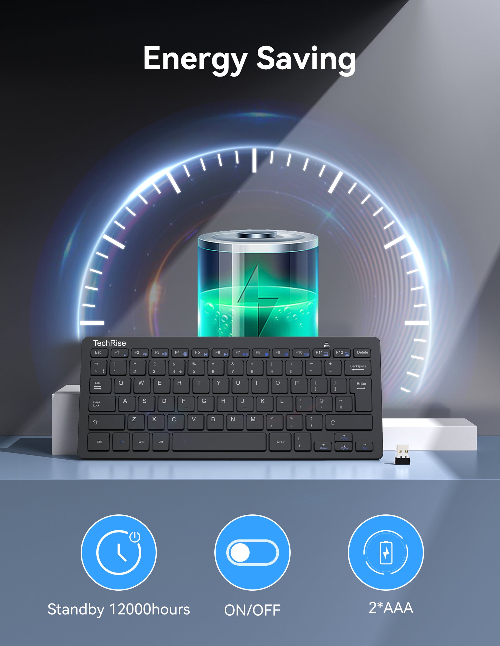 TechRise 2.4G Wireless Keyboard - Mini Compact Keyboard with Media Hotkeys, 12-Month Battery Life, Compatible with PC, Desktop, Laptop, Smart TV - Black