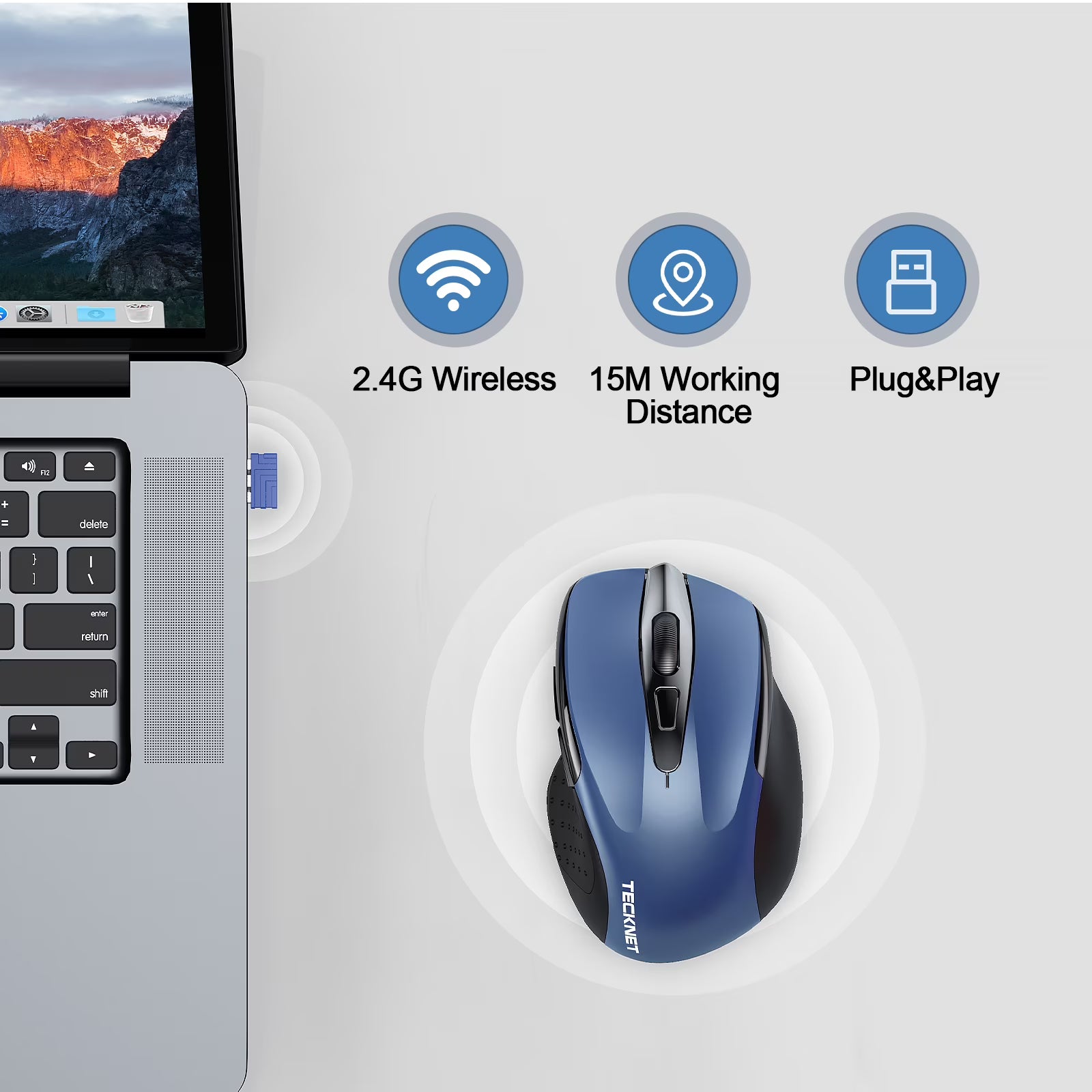 TECKNET Rechargeable Wireless Mouse, 2.4G Silent Quiet Click, 6 Adjustable 4800 DPI, Cordless Computer Mouse, Ergonomic Mouse for Laptop, 6 Buttons USB for Chromebook, Ergo Grip - Blue