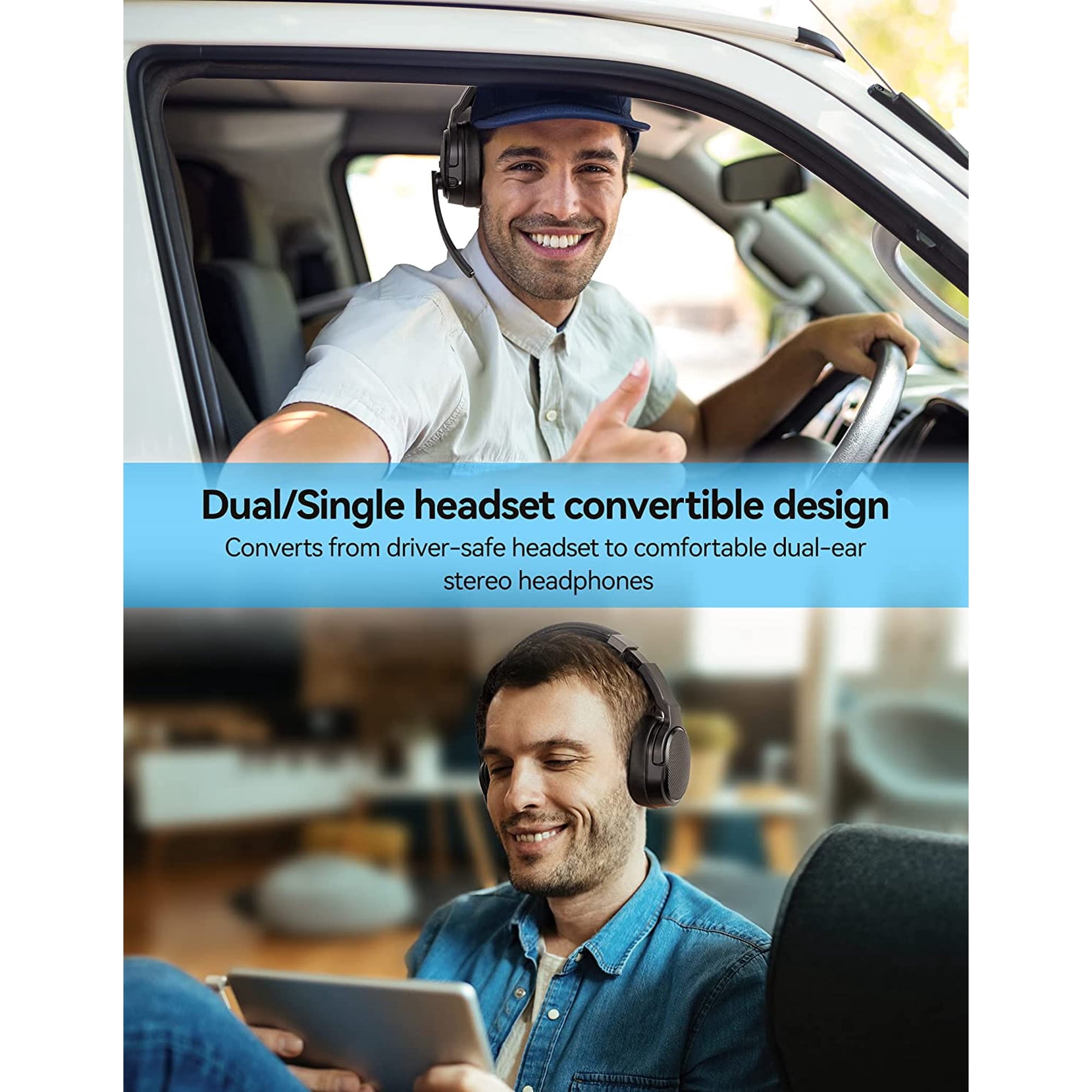 TECKNET BASICS Bluetooth Trucker Headset, Single & Dual Ear Wireless with Mic, Noise Cancelling, 50Hrs Battery, 3 EQ Music Modes, Trucker Bluetooth Headphones for PC, Drivers, Office, Call Center