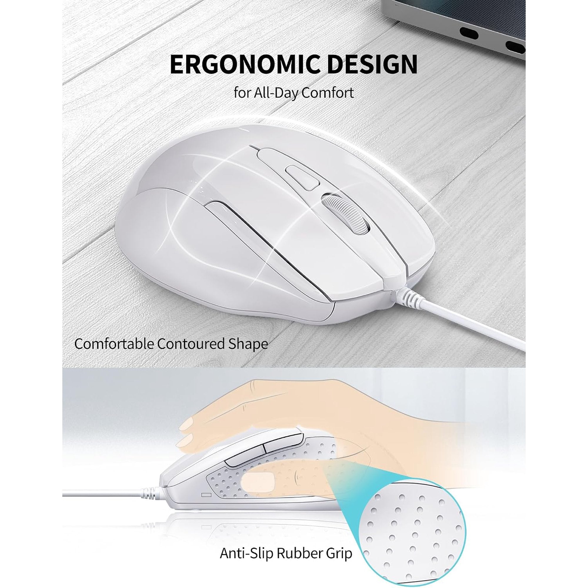 TECKNET Wired Mouse, 6-Button Corded with 4 Adjustable DPI, Optical Ergonomic Design, 8FT Cord for Laptop, Chromebook, PC, Desktop, Mac, Notebook - White